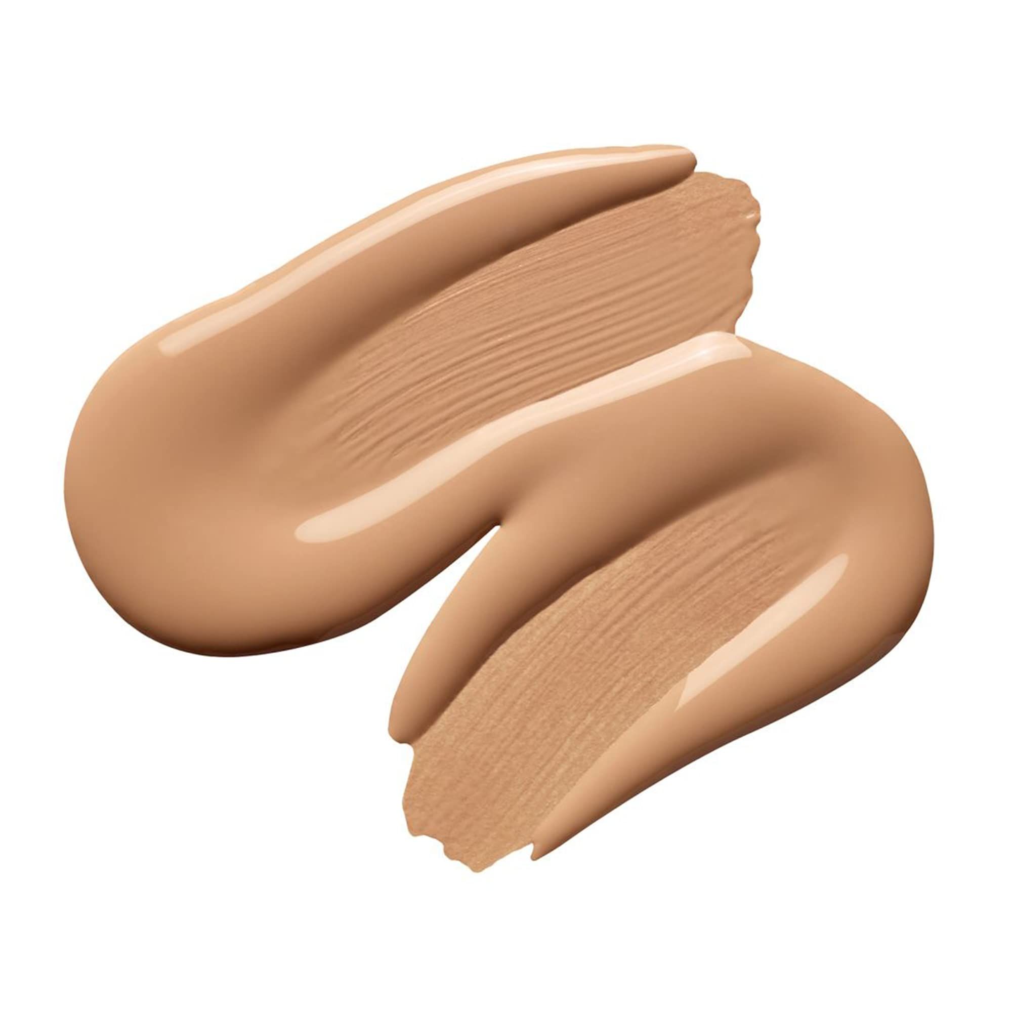 Due strisce di fondotinta color crema. La texture è liscia e lucida. Lo sfondo è bianco.