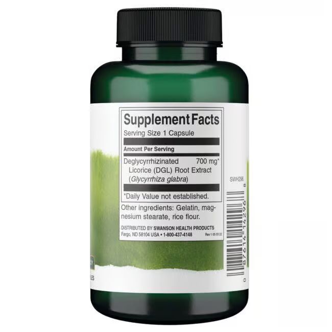 Retro del flacone verde. Etichetta con informazioni nutrizionali. Contiene: Radice di liquirizia deglicirrizinata. 700 mg per porzione.