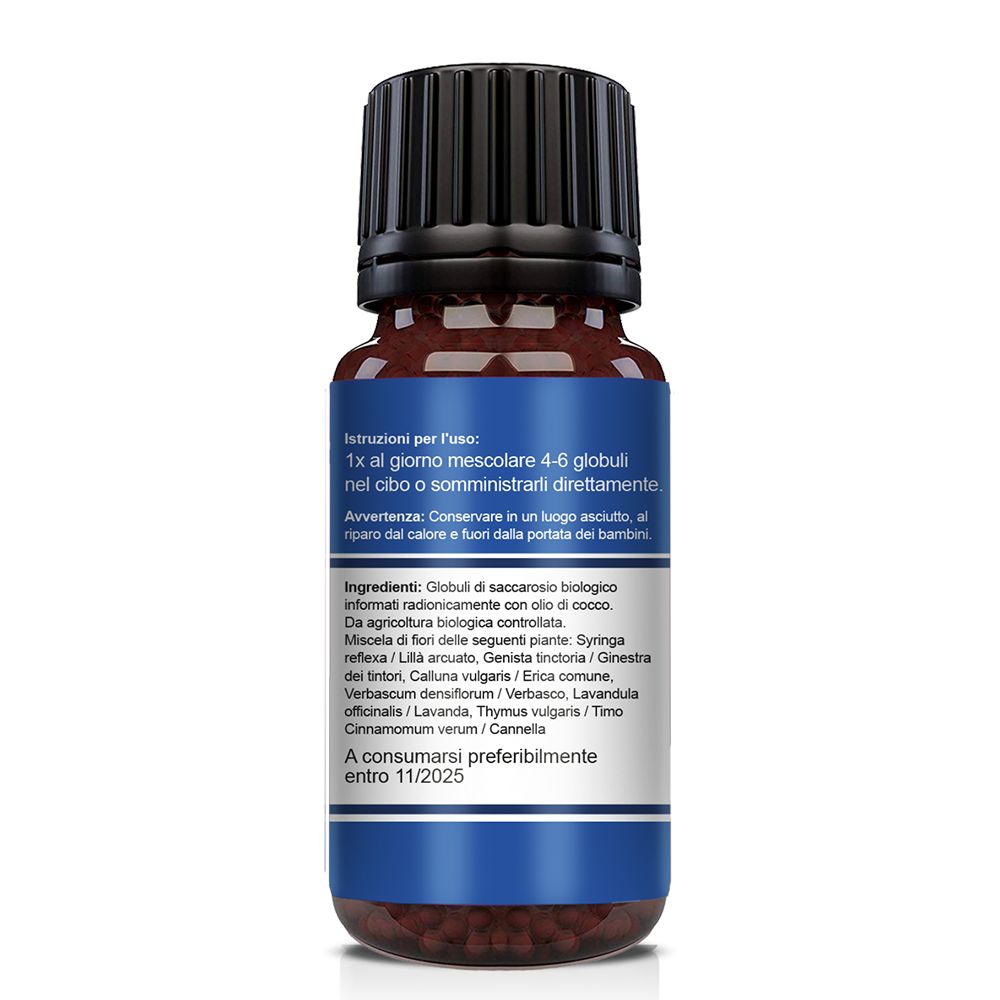 Flacone di vetro marrone con tappo nero. Etichetta blu con testo. Contiene informazioni sugli ingredienti e l'uso.