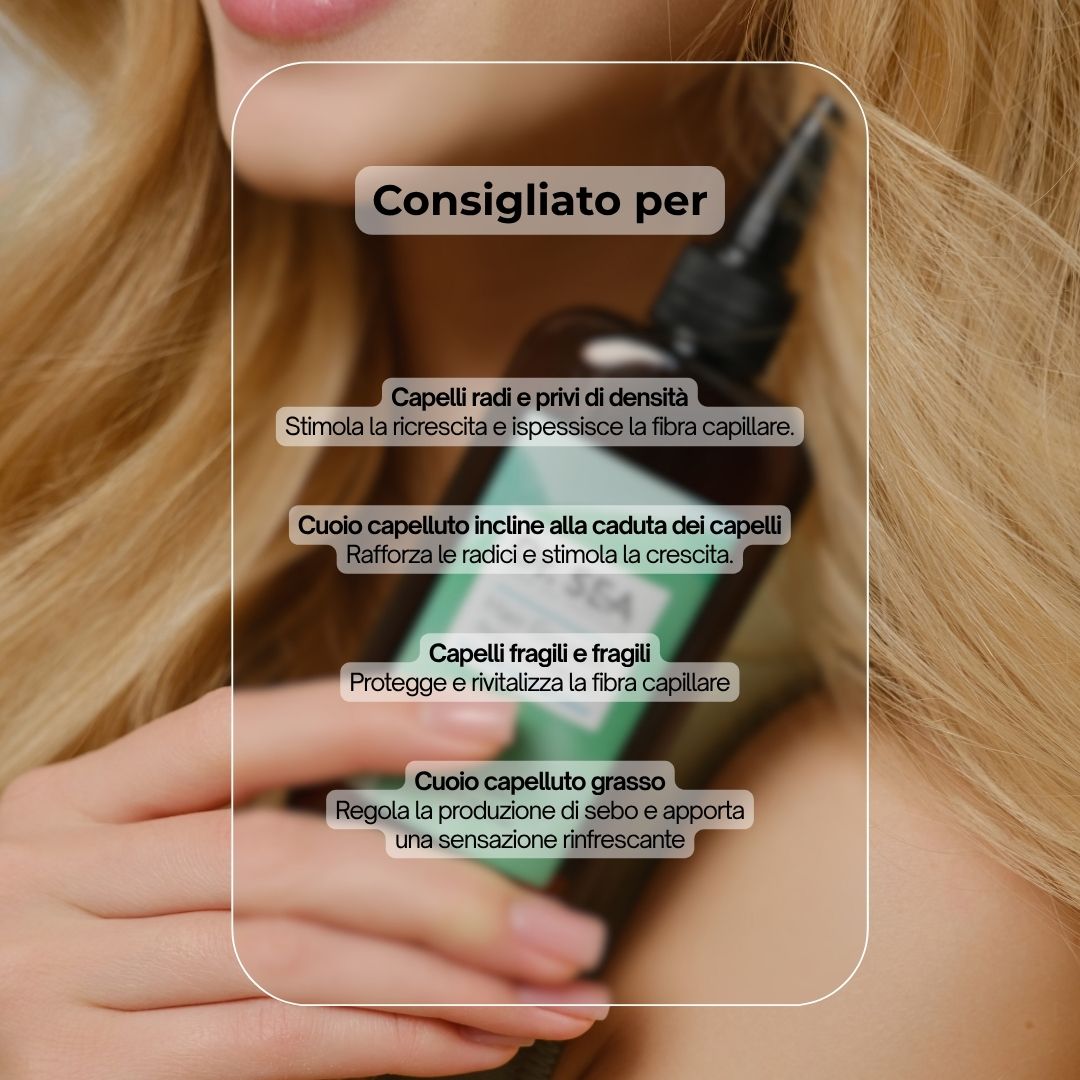 Flacone con testo. Testo: Consigliato per capelli fini e fragili, capelli diradati, cuoio capelluto con caduta, cuoio capelluto grasso.