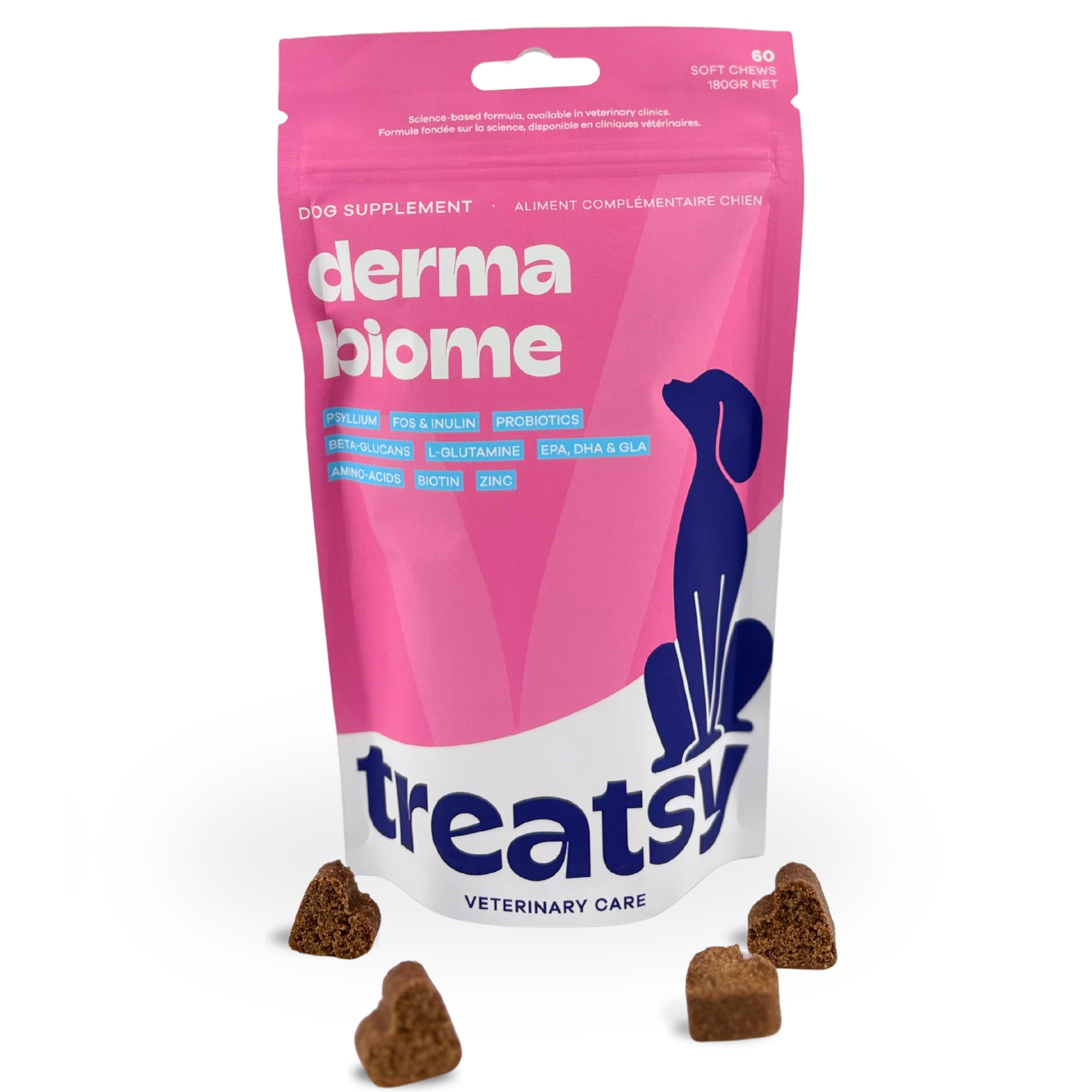 Busta rosa con "derma biome" e "Treatsy". 4 snack a forma di cuore accanto.