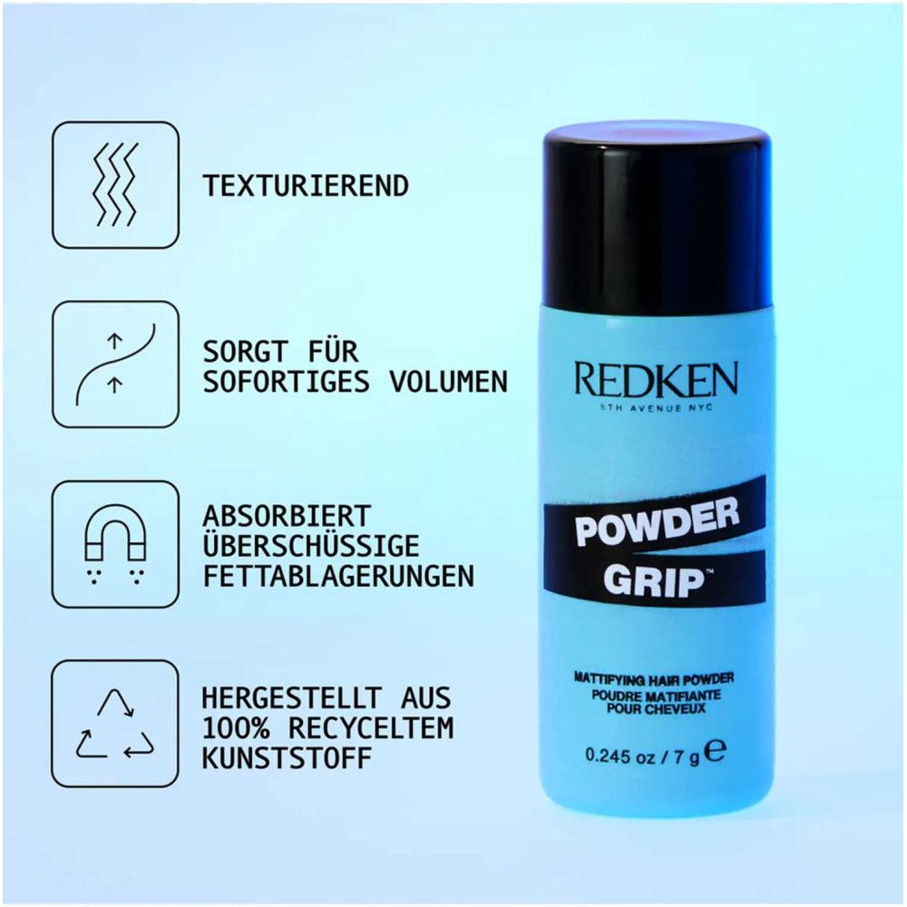 Flacone cilindrico blu, tappo nero. Testo: REDKEN, POWDER GRIP, Poudre Matifiante.