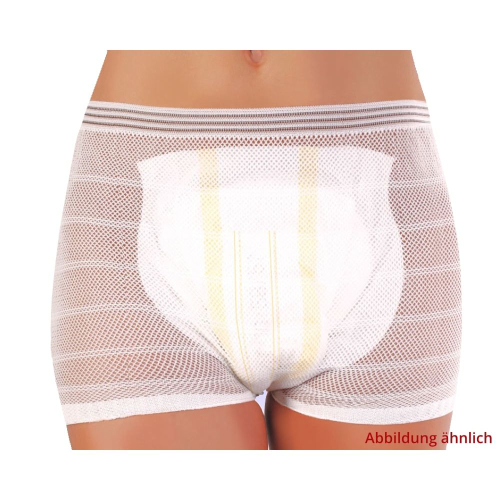 Persona indossa mutandine a rete bianche con protezione per incontinenza inserita. Testo: Immagine simile.