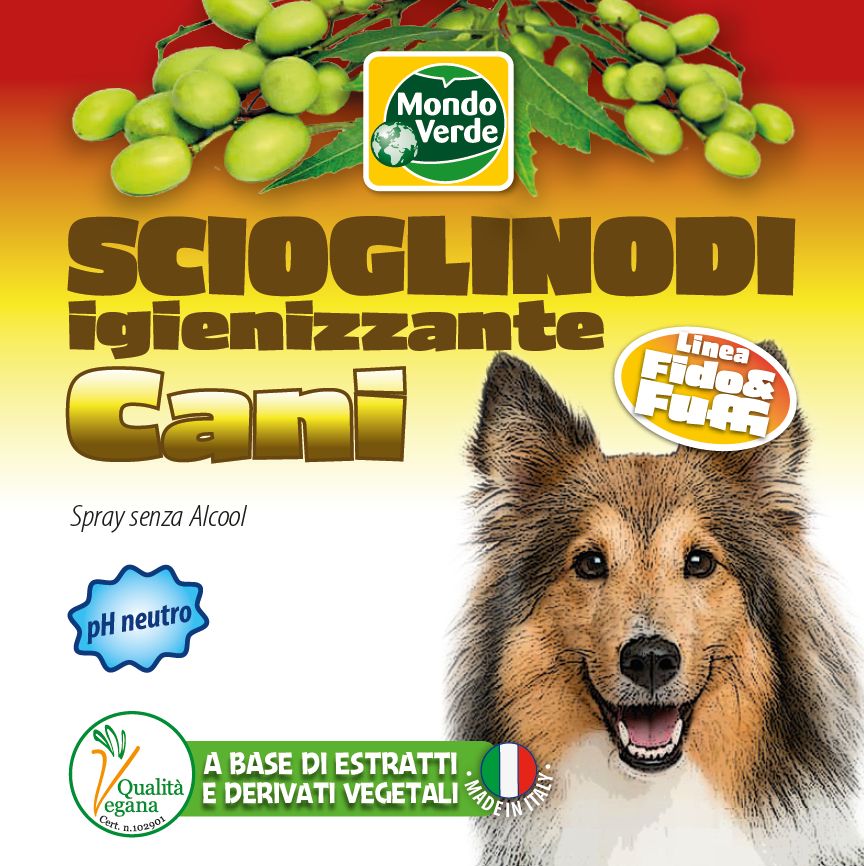 Etichetta con scritto: Scioglinodi Igienizzante Cani. Immagine di cane. Logo Mondo Verde. pH neutro.