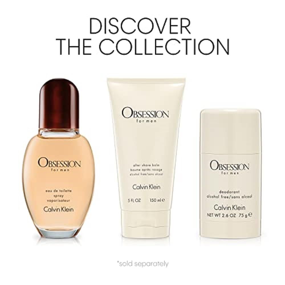 Tre prodotti Calvin Klein Obsession for men: Eau de Toilette, balsamo dopobarba e stick deodorante. Su sfondo bianco.