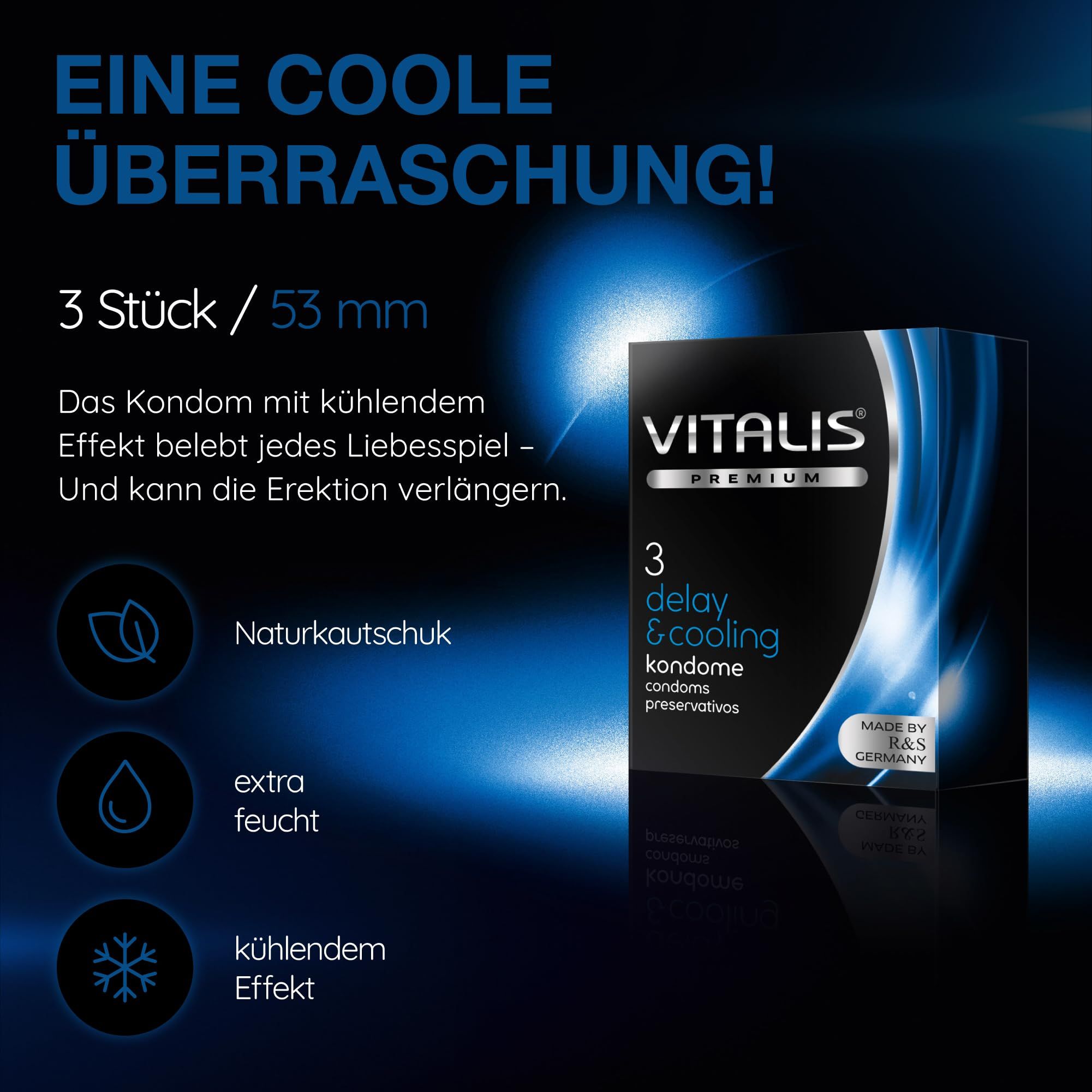 Preservativi Vitalis PREMIUM Delay & Cooling: 3 pezzi, 53mm. Lattice naturale, extra lubrificato, effetto rinfrescante.