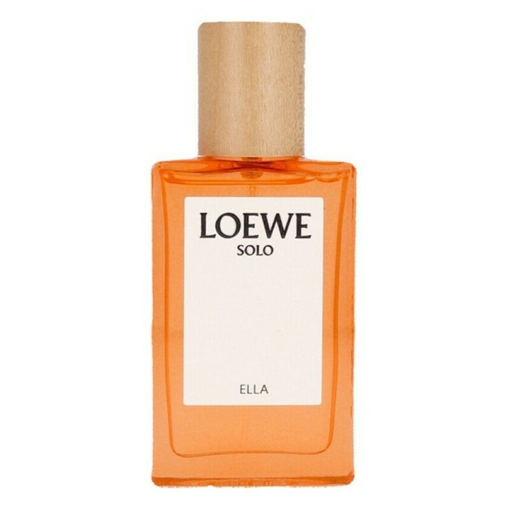 Loewe Solo Ella Eau de Parfum Spray. Flacone rettangolare con tappo in legno. Etichetta bianca con logo e nome del prodotto.