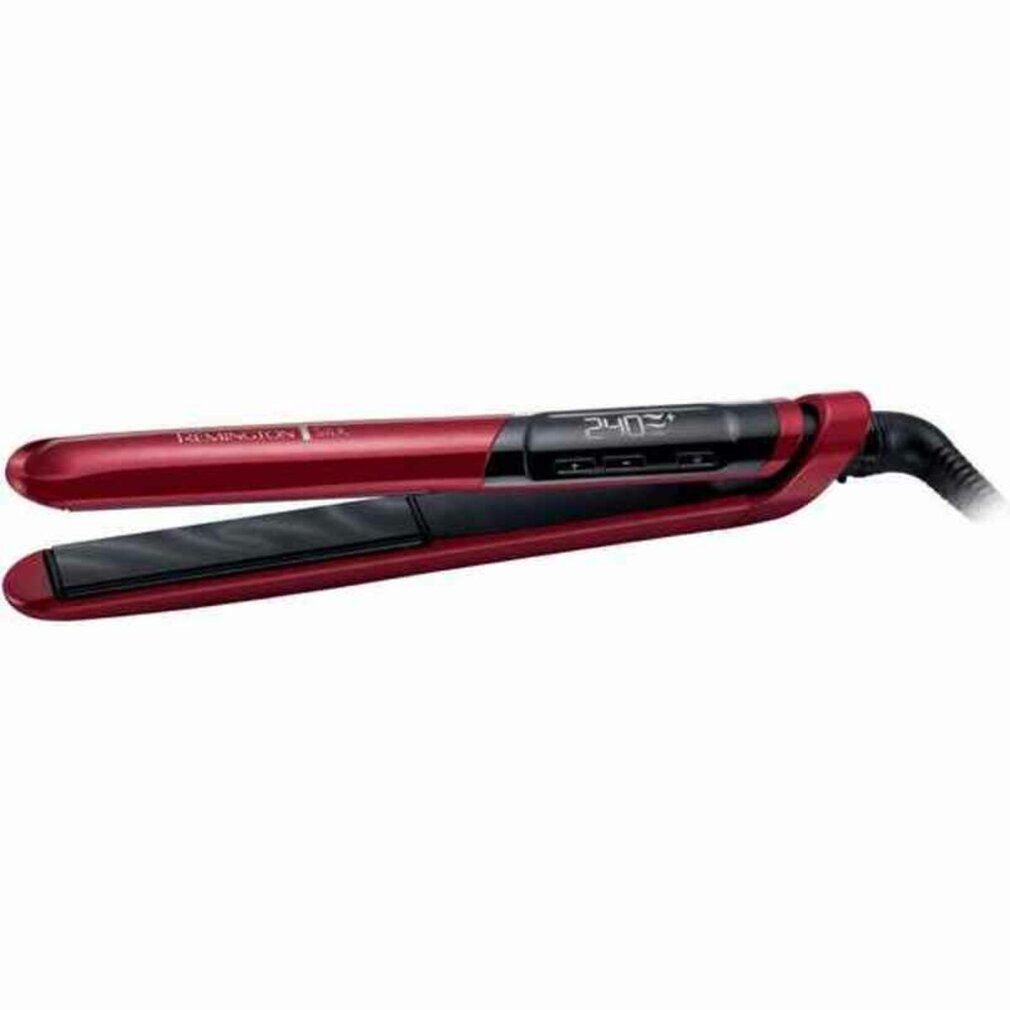 Piastra per capelli rossa con piastra nera e display digitale della temperatura. Marchio Remington.