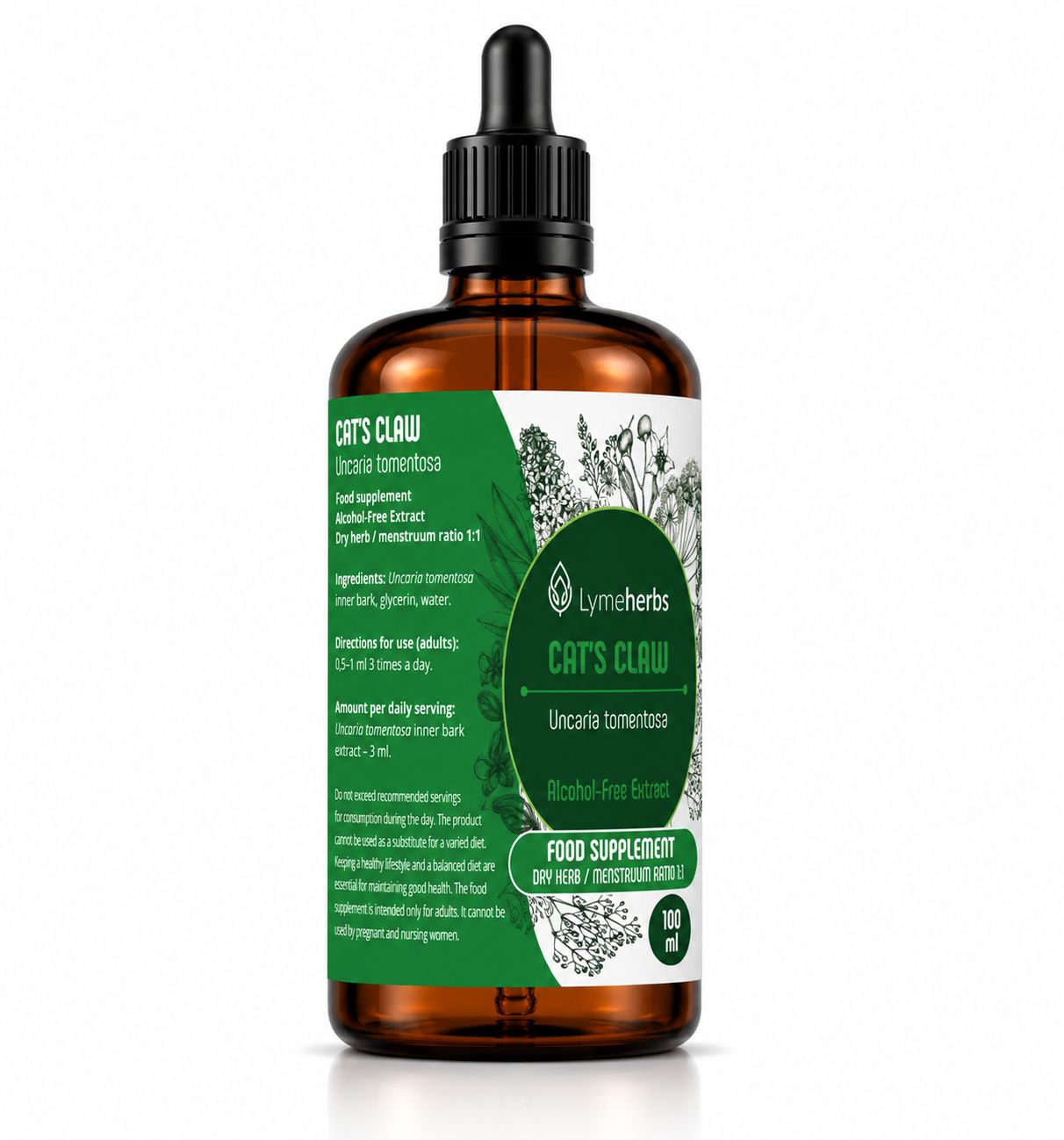 Estratto analcolico Lymeherbs Katzenkralle 1:1, 100ml, flacone in vetro marrone con contagocce ed etichettatura dettagliata.