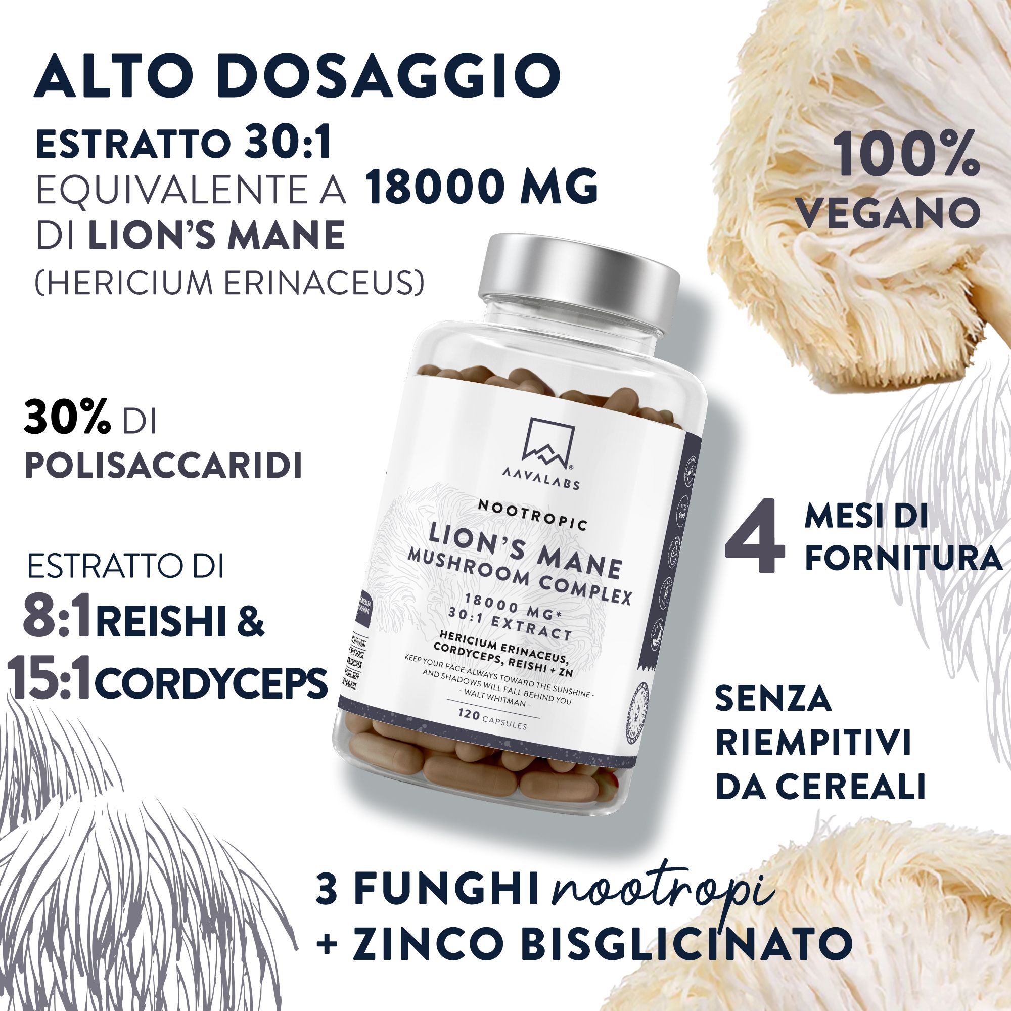 Bottiglia di vetro con capsule, circondata da illustrazioni. Contiene testo: 100% vegano, 4 mesi di fornitura. Marchio: Aavalabs.