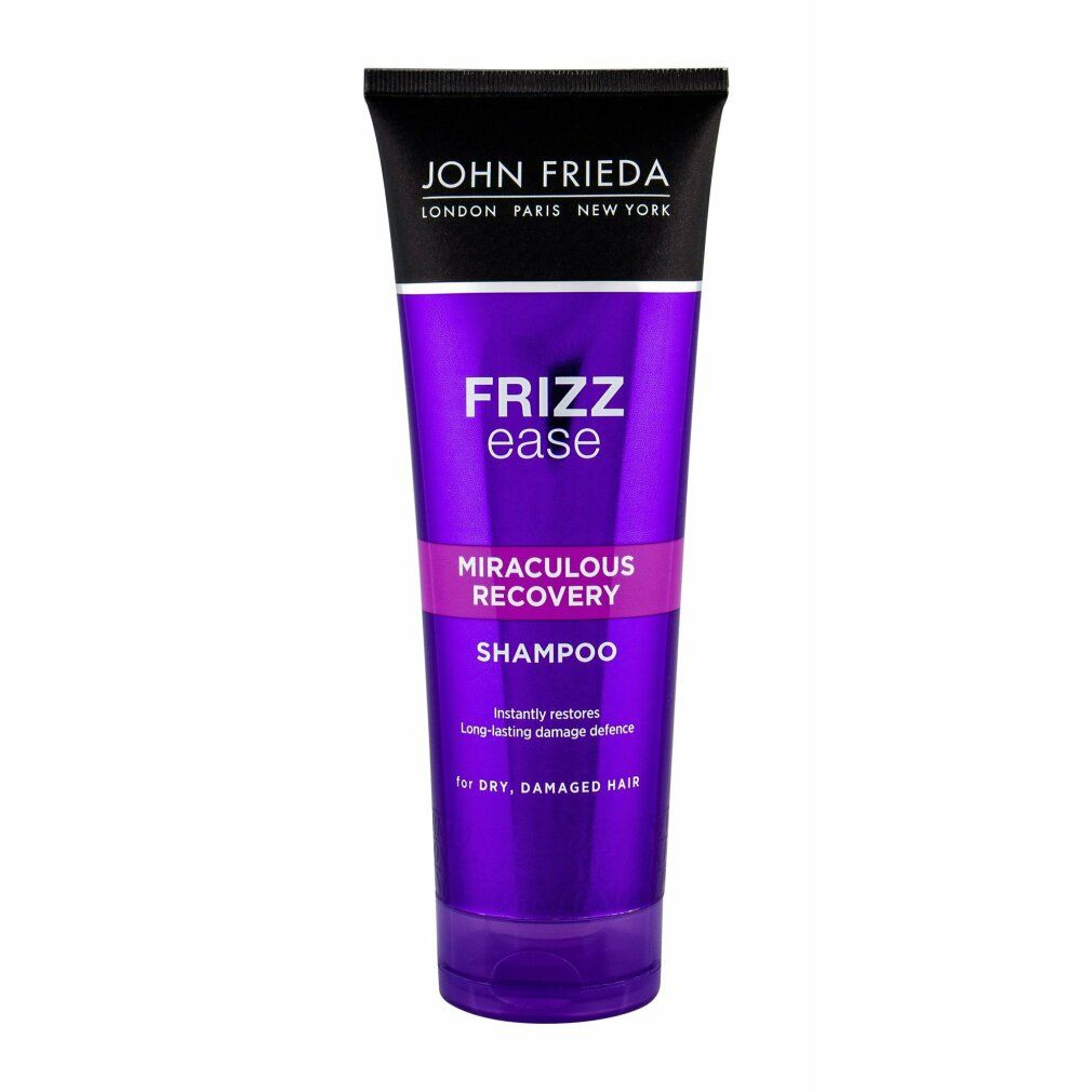 Tubo viola con tappo nero. Scritta: John Frieda, Frizz Ease, Miraculous Recovery Shampoo. Per capelli secchi e danneggiati.