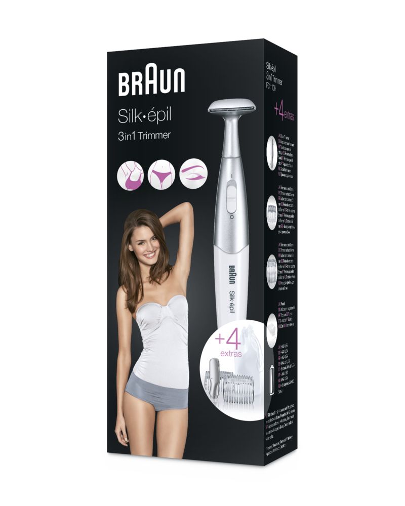 Confezione con rasoio, donna, immagine del prodotto. Marchio Braun, Silk-épil, rifinitore 3-in-1. Bianco, argento.