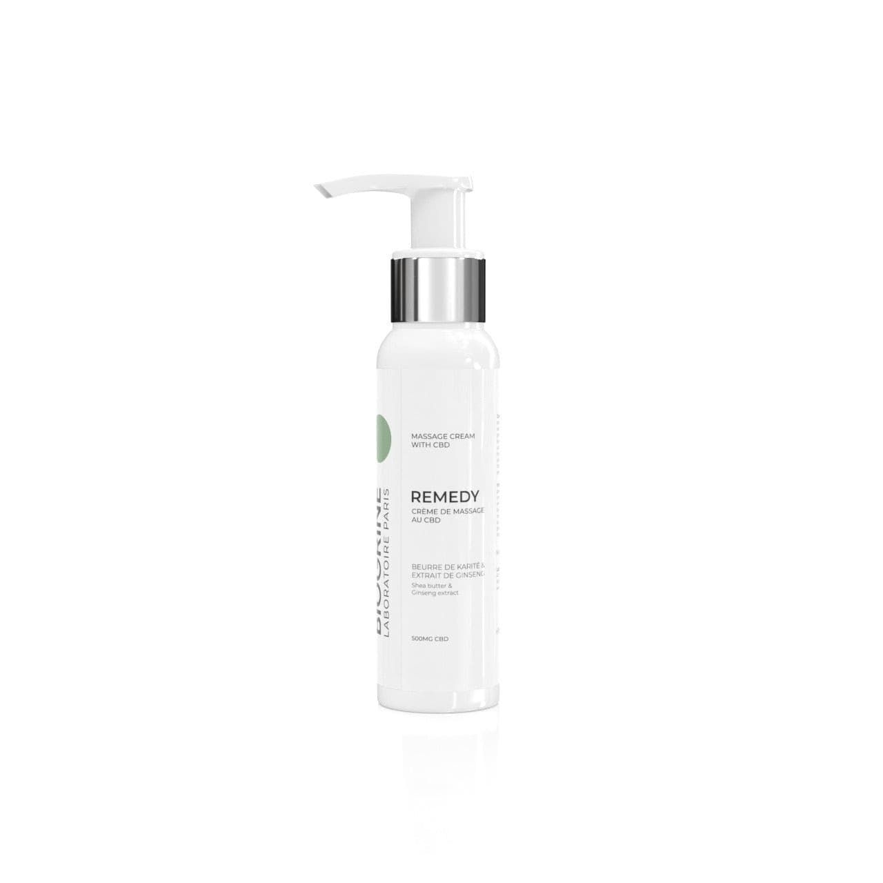 Flacone bianco con pompa. Scritta: REMEDY, Crème de massage au CBD. BIOGRINE.