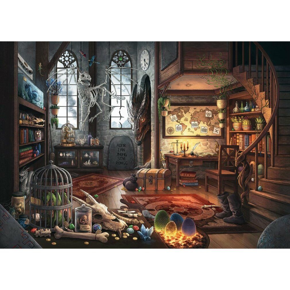Puzzle: interno con scheletro di drago, libri, gabbia e scala. Uova luminose. Senza confezione.