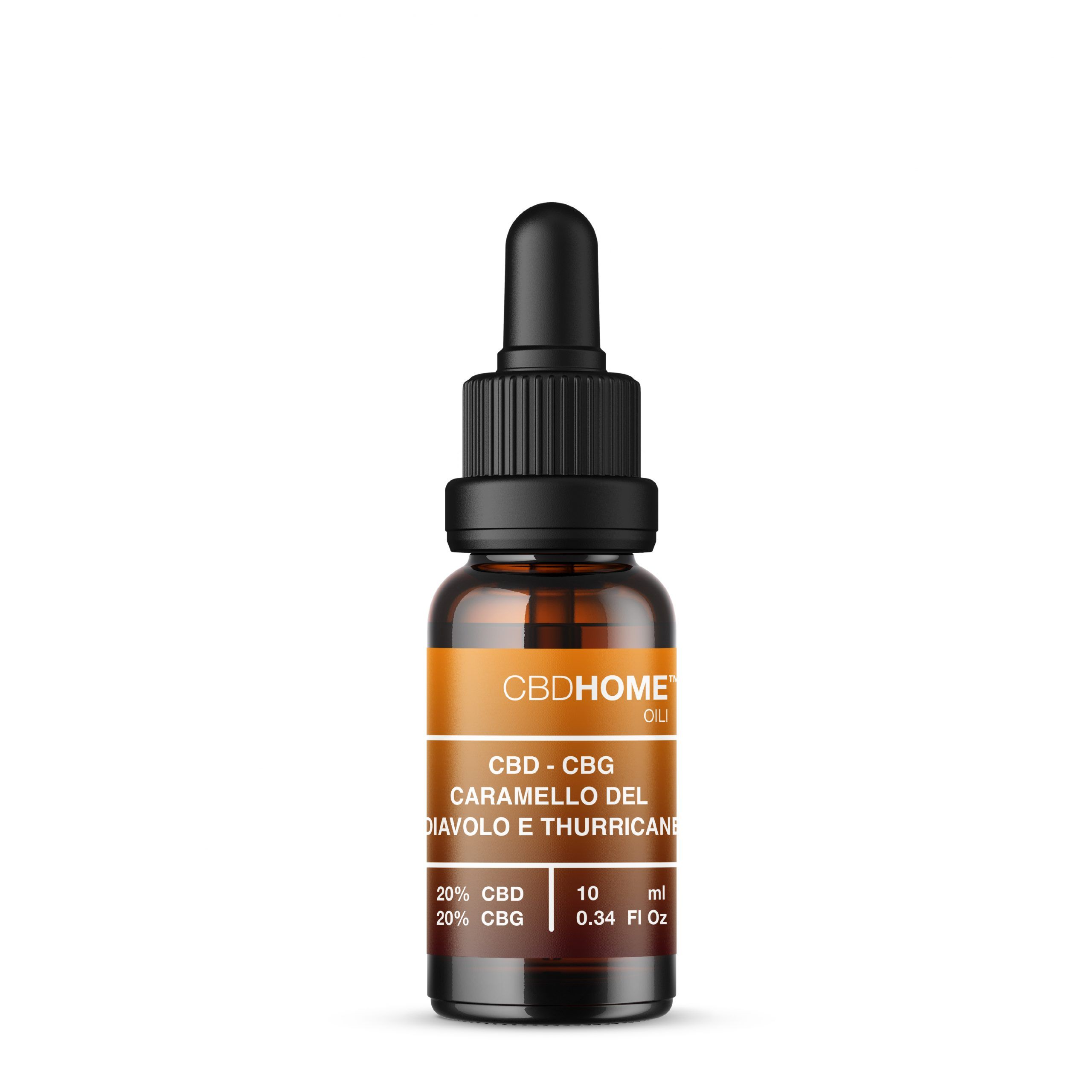 Flacone di olio CBDHOME con contagocce. Contiene 20% CBD, 20% CBG, Artiglio del diavolo e Curcuma.