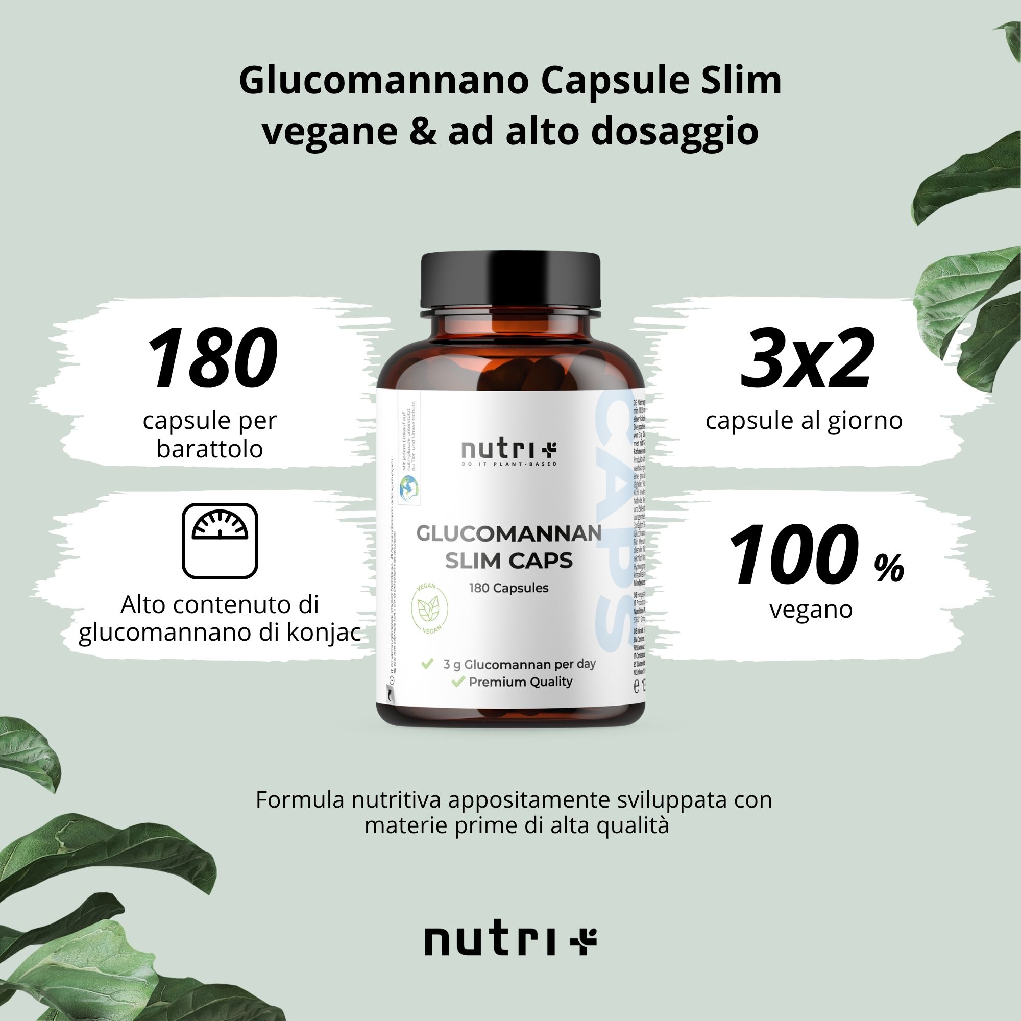 Flacone di capsule. Scritta: 180 capsule, 3x2 capsule al giorno, 100% vegano. Formula con materie prime di alta qualità.