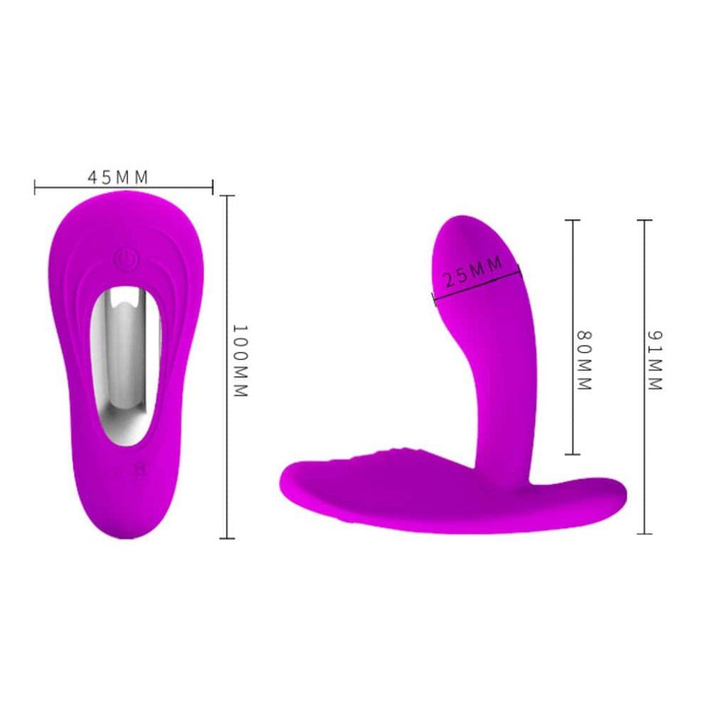 Vibratore e telecomando viola con dimensioni: 100x45mm e 91x25mm.