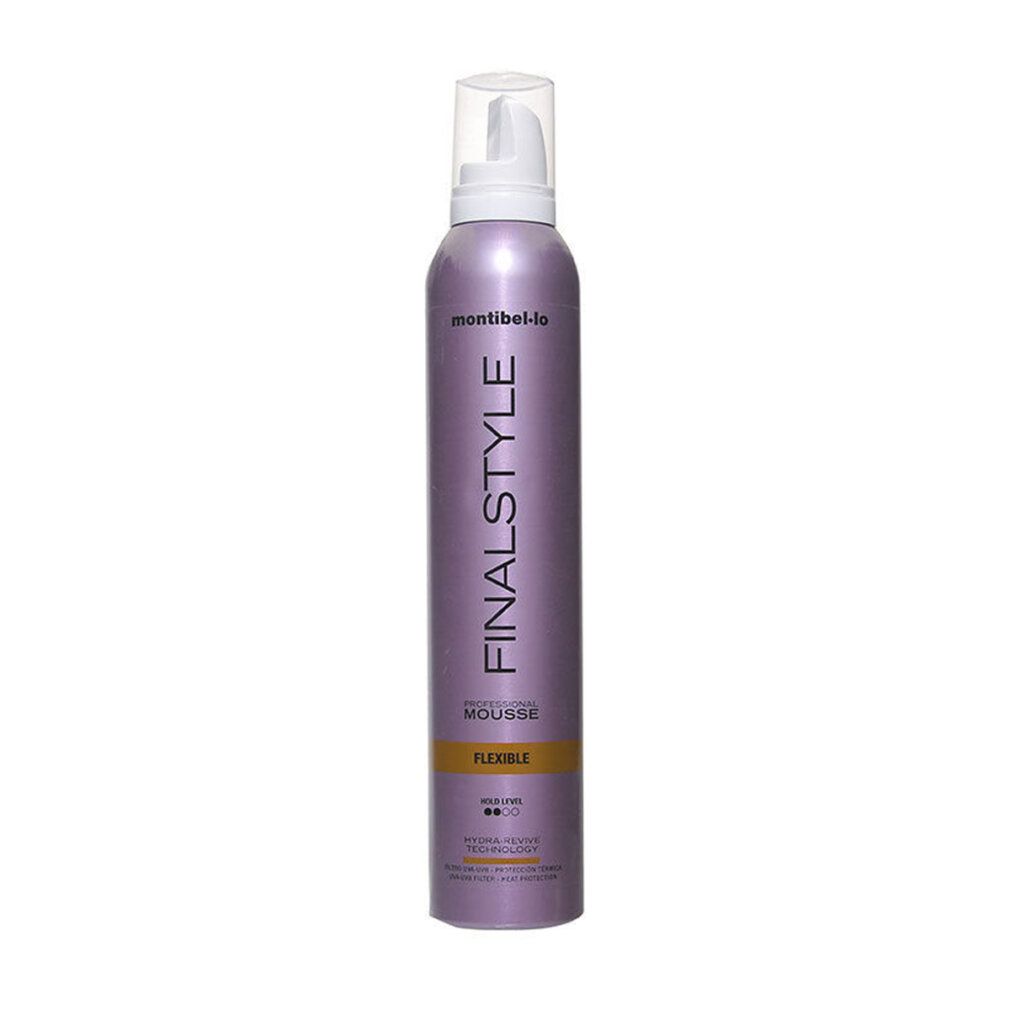 Flacone con erogatore spray. Scritta FINALSTYLE, MOUSSE, FLEXIBLE. Marchio Montibello. Prodotto viola.