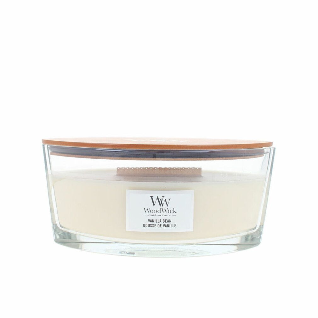 Candela in vetro, coperchio in legno. Etichetta "WoodWick Vanilla Bean".