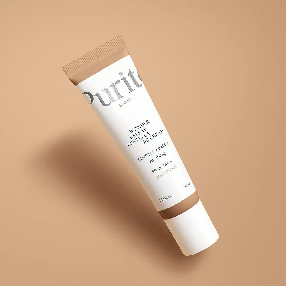 Tubo inclinato PURITO Wonder Releaf Centella BB Cream, tonalità 27 Sand Beige, SPF 30 PA+++. Tubo bianco, tappo marrone.