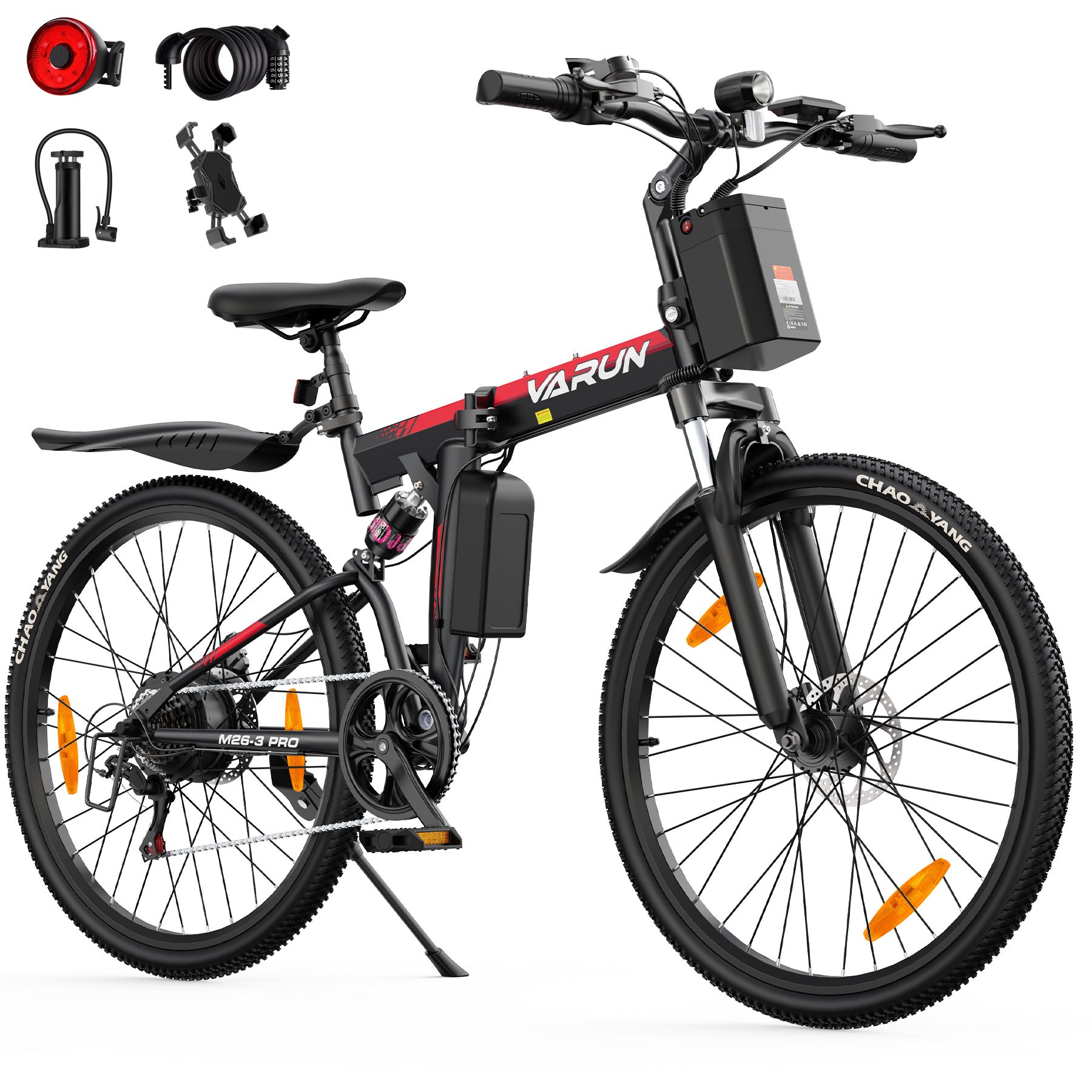 E-bike, design nero con dettagli rossi. Logo VARUN visibile. Sospensioni complete, freni a disco. Marca pneumatici: CHAOYANG.