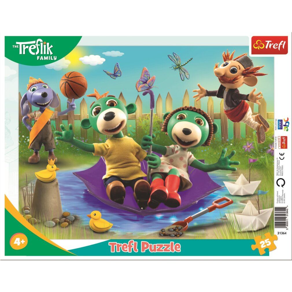 Puzzle da 25 pezzi. Tema: Famiglia Treflik. Confezione mostra puzzle completo con personaggi. Età consigliata: 4+
