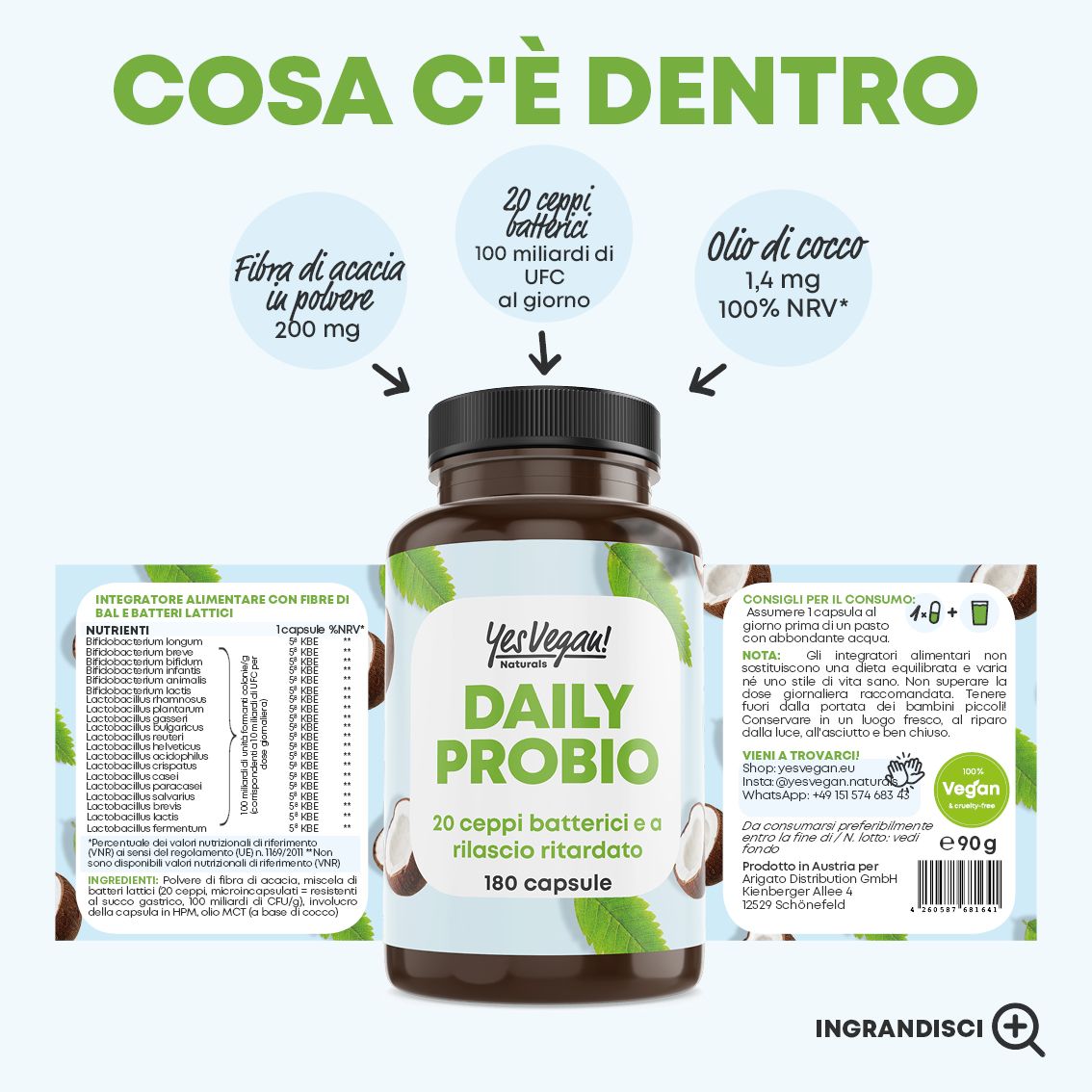 Schema sulla facilità d'uso di Daily Probio: 1 capsula al giorno, vegana, facile da usare.