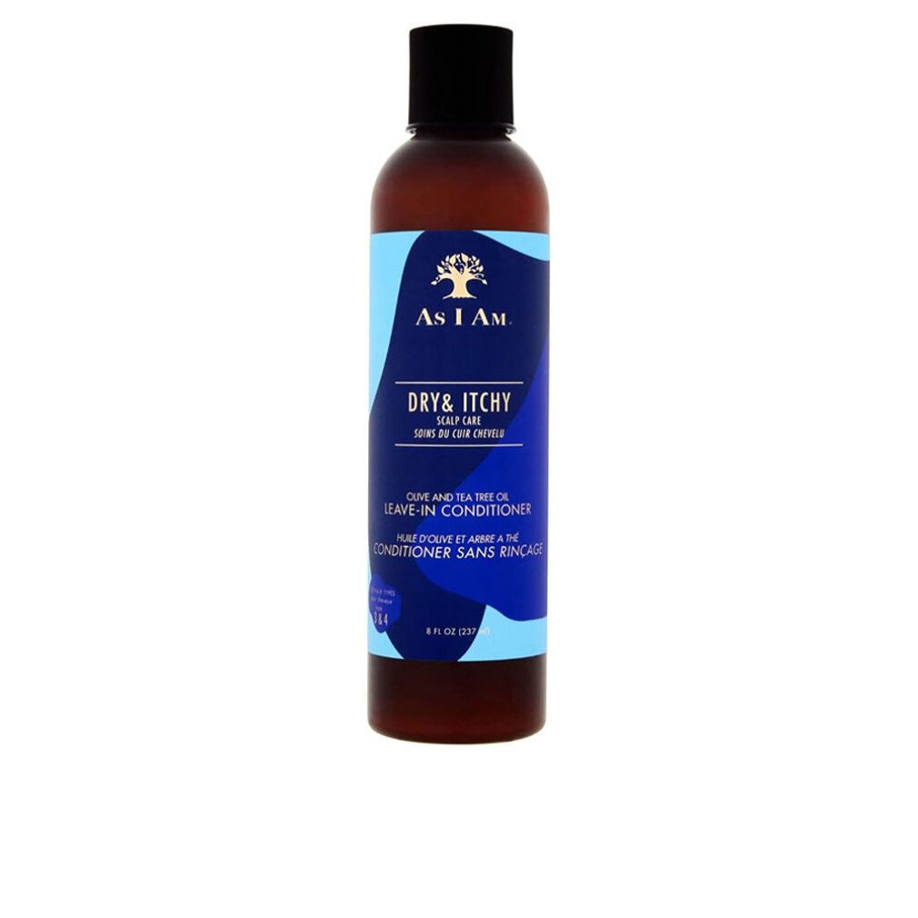 Flacone marrone con tappo nero. Etichetta con nome del prodotto e logo: As I Am Dry & Itchy Leave-In Conditioner.