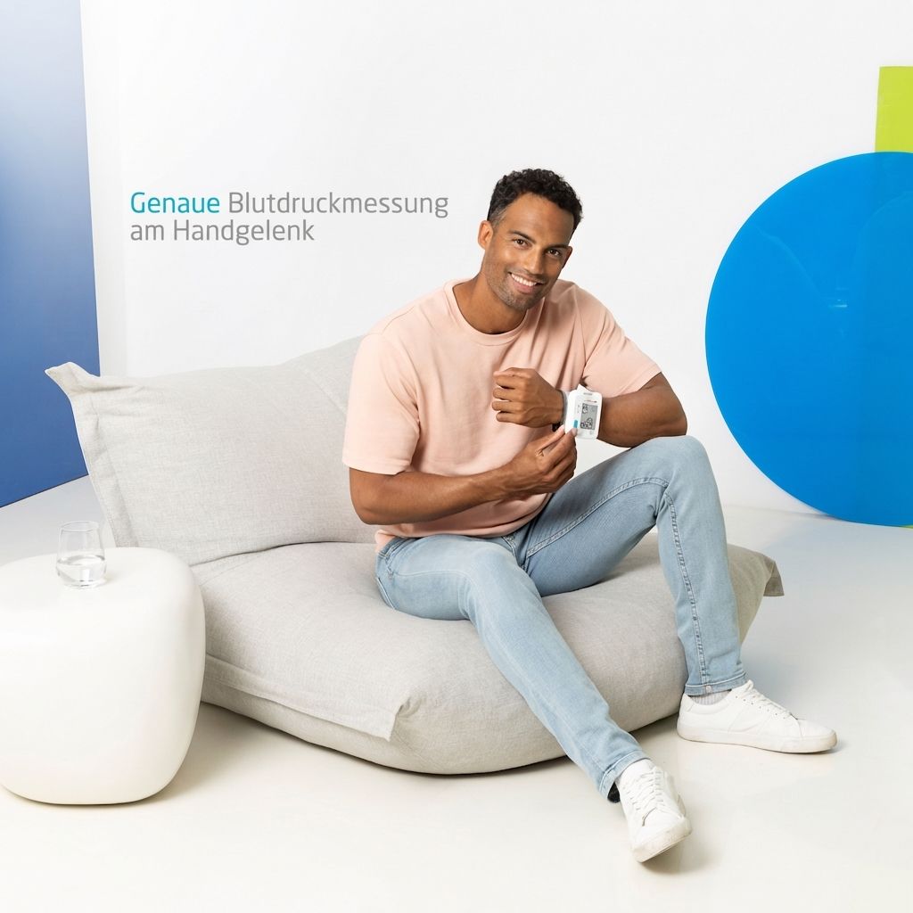 Uomo che misura la pressione sanguigna al polso con il misuratore di pressione Ecomed.