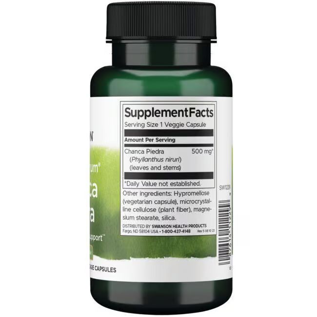 Retro del flacone verde. Etichetta con informazioni nutrizionali: Chanca Piedra, 500 mg. Ingredienti e informazioni produttore.