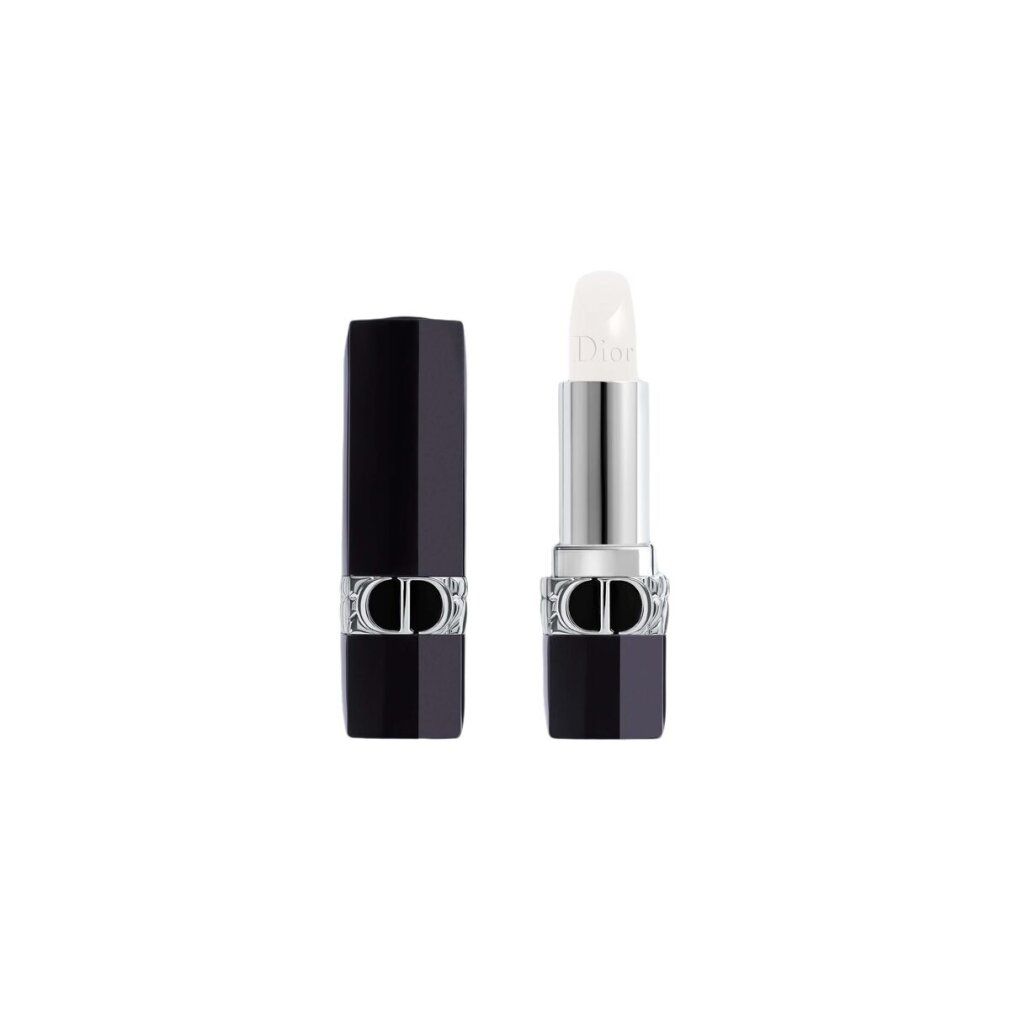 Balsamo labbra nero, aperto. Tubo argento con balsamo bianco. Logo Dior sul balsamo. Tappo nero accanto.