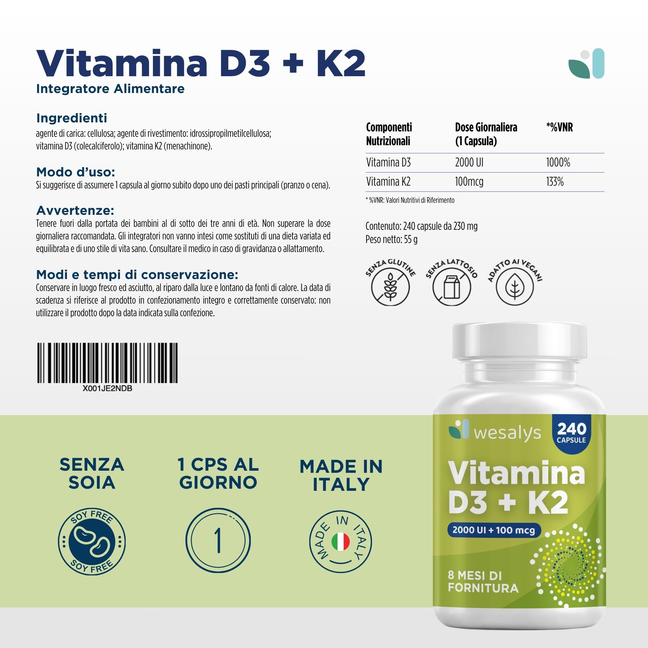 WESALYS Vitamina D3+K2: flacone, informazioni nutrizionali, ingredienti, dosaggio, prodotto in Italia.