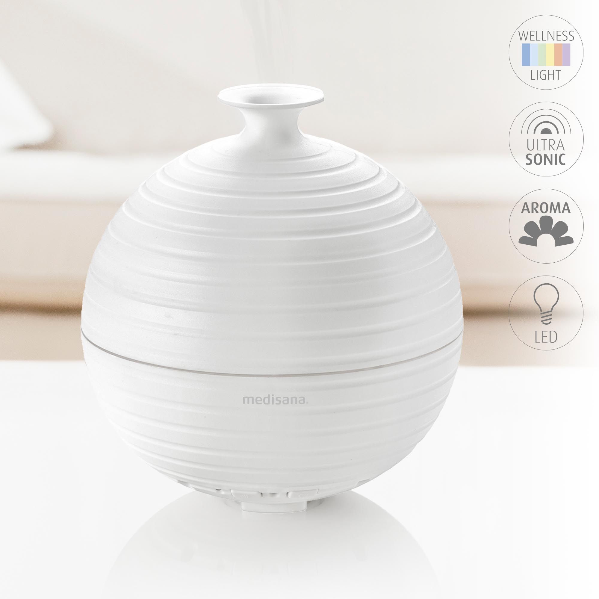Diffusore di aromi bianco con icone per luce, ultrasuoni e aroma.