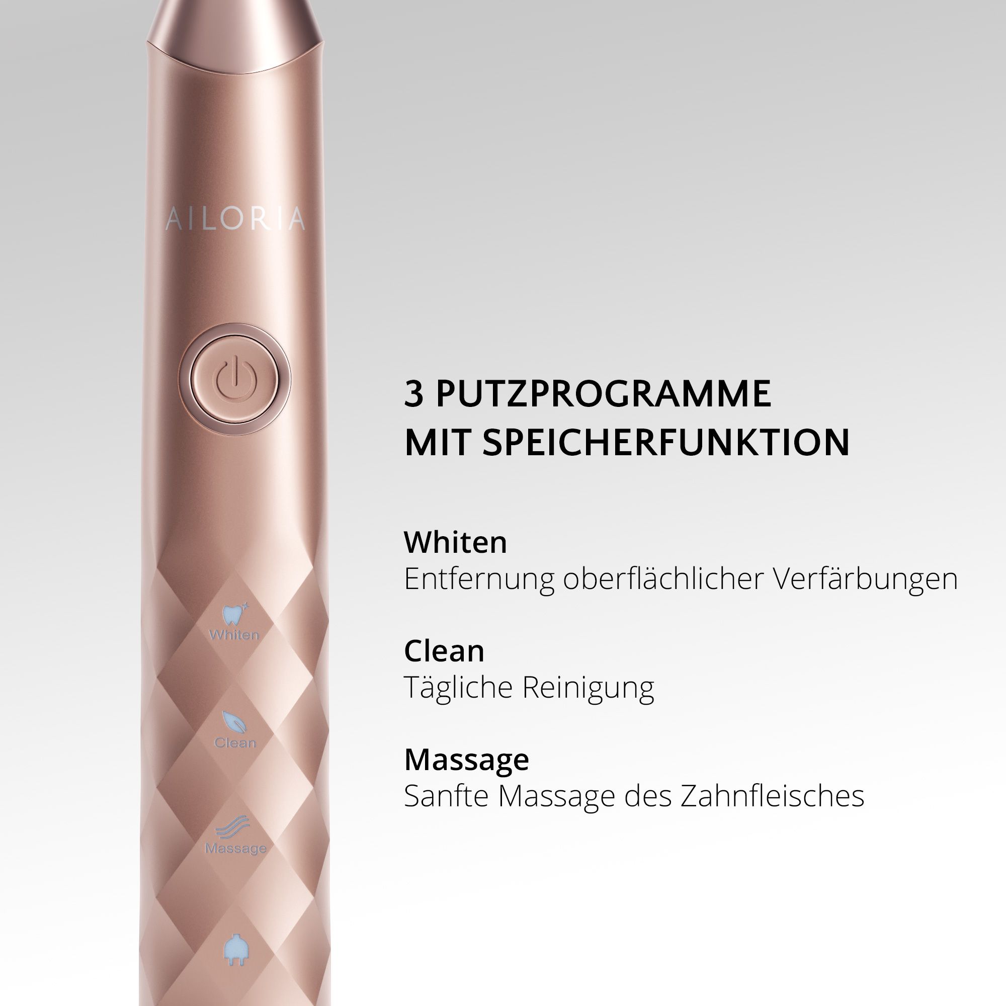 Spazzolino oro rosa. Tre modalità: Sbiancamento, Pulizia, Massaggio. Funzione memoria.