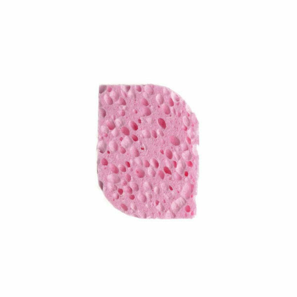 Spugna rosa a mezzaluna con pori. Materiale in cellulosa. Su sfondo bianco.