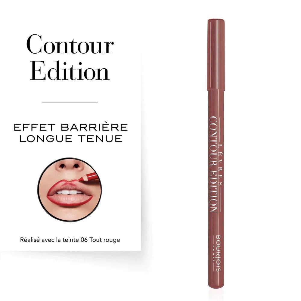 Matita labbra Bourjois Contour Edition, immagine del prodotto con confezione e applicazione.
