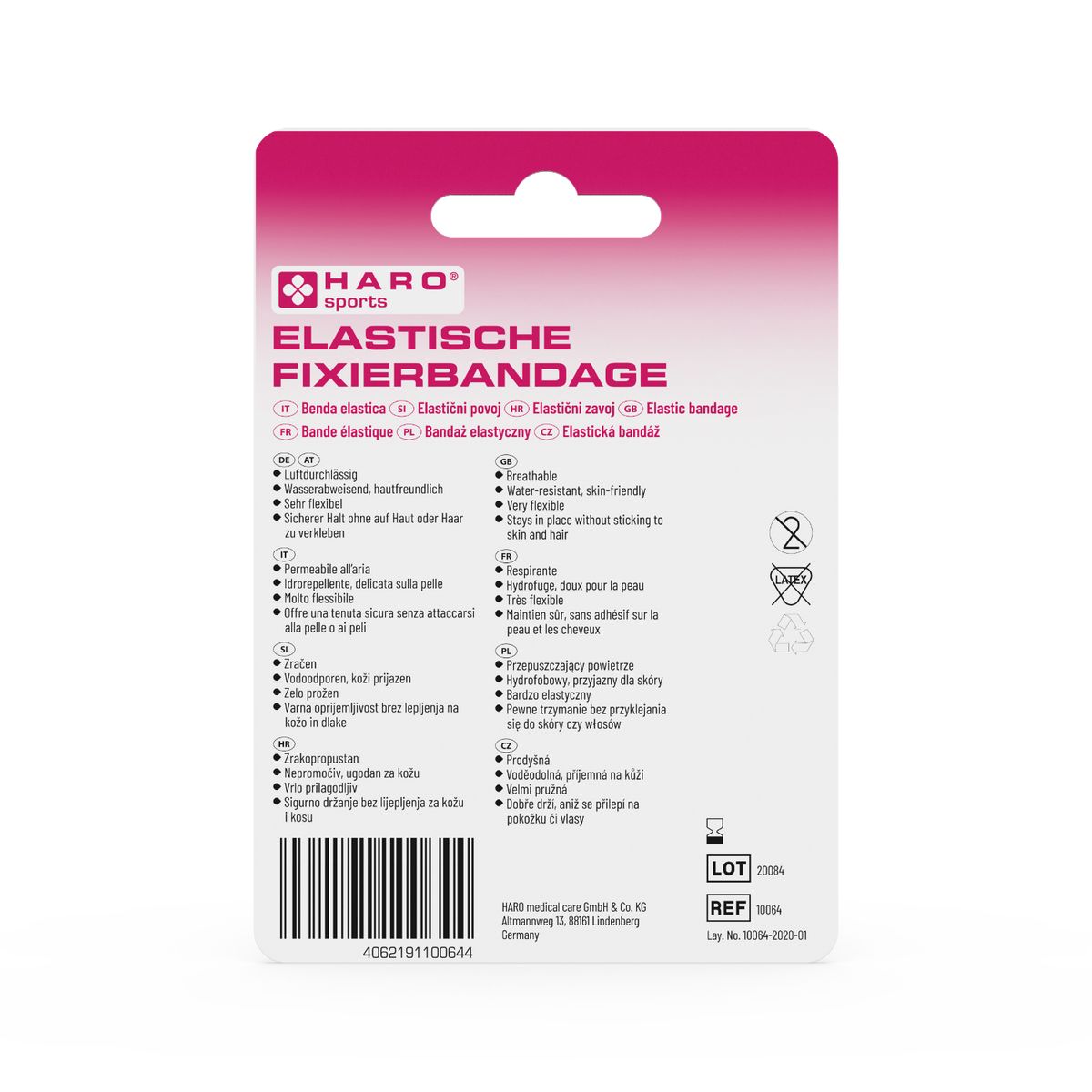 Retro della confezione Haro Elastische Fixierbandage. Testo multilingue. Informazioni sul prodotto.