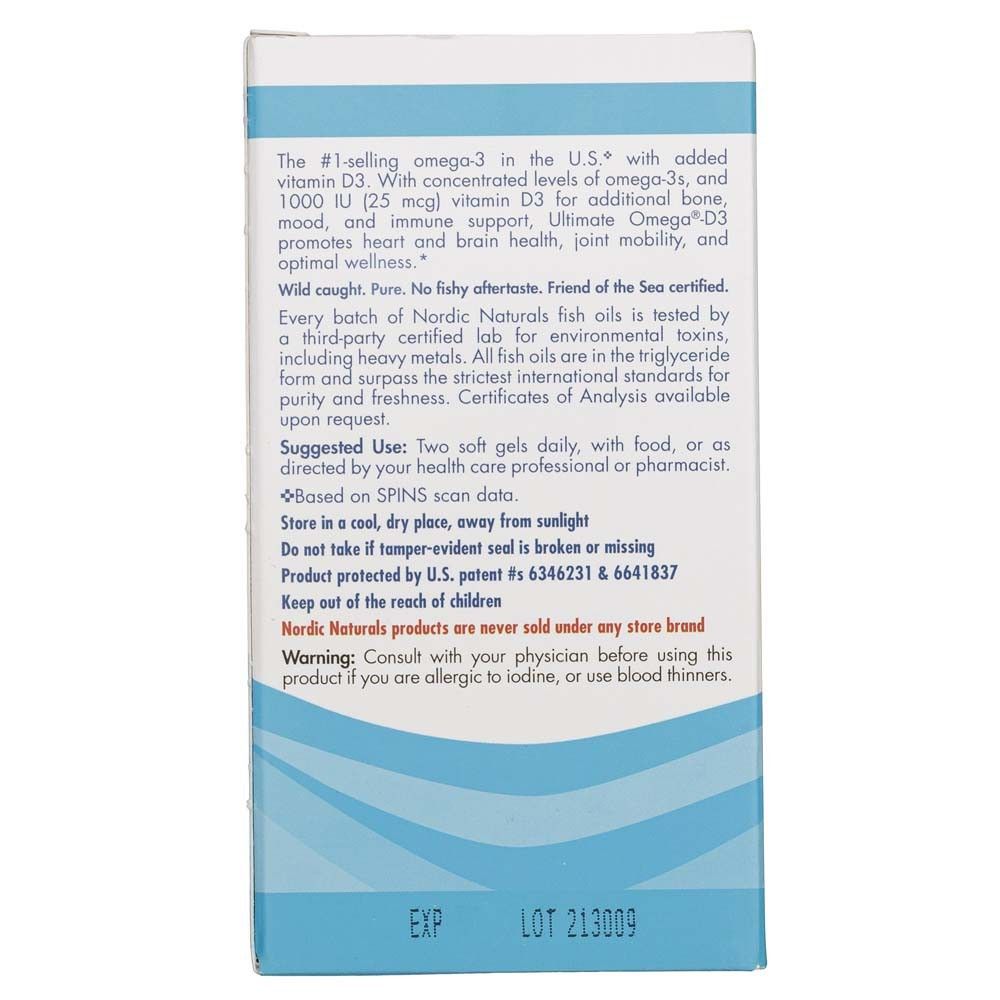 Lato della confezione Nordic Naturals Ultimate Omega-D3 con descrizione del prodotto e istruzioni per l'uso.