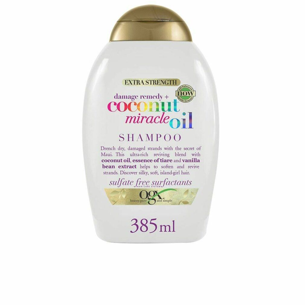Flacone di shampoo bianco con tappo dorato. Scritta: Coconut Miracle Oil Shampoo. Volume: 385 ml.