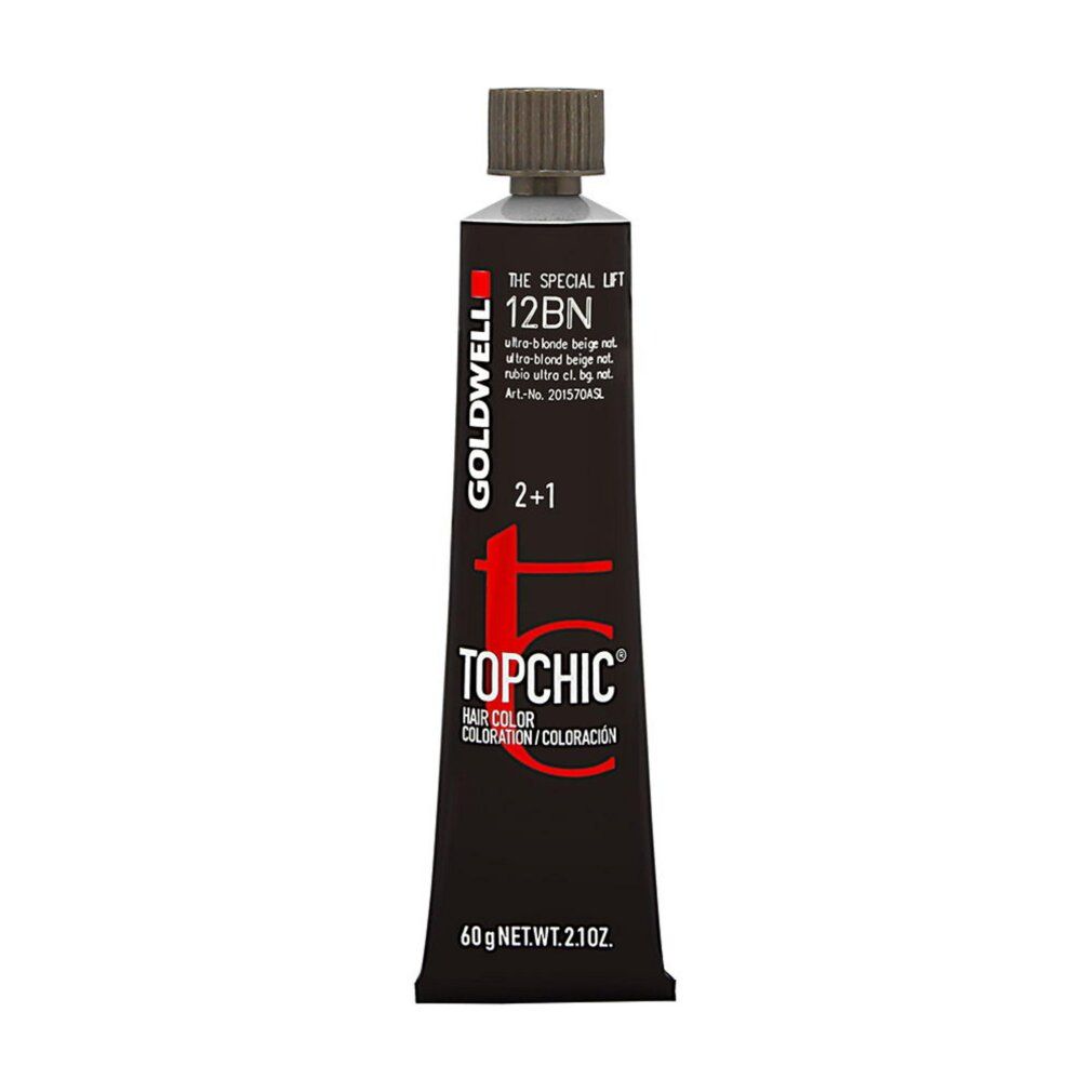 Tubo Goldwell Topchic. Tubo nero con nome e dettagli del prodotto. Contenuto 60g.