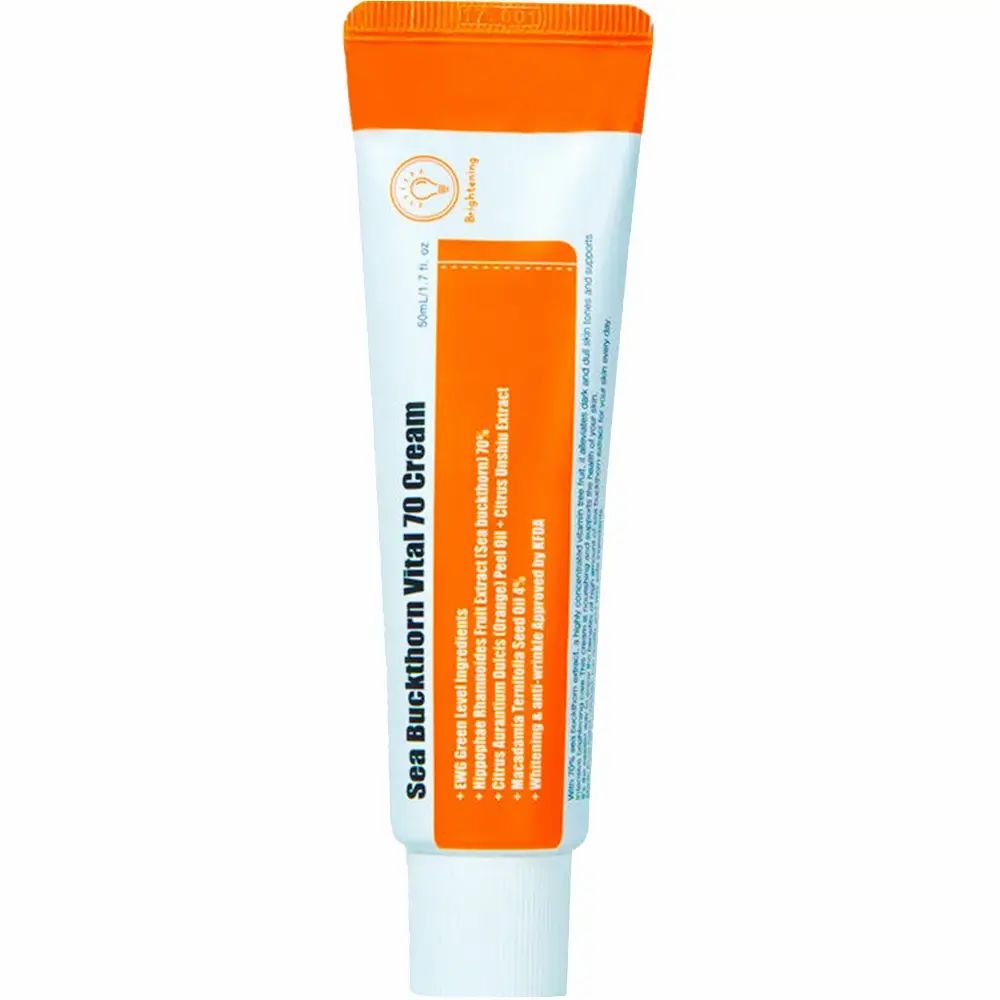 Tubo di crema con tappo arancione. Scritta: Sea Buckthorn Vital 70 Cream. Sfondo bianco.