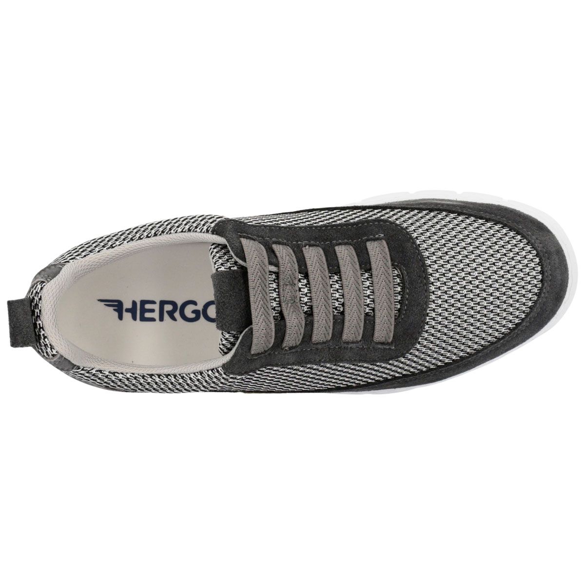 Scarpa da uomo vista dall'alto. Mesh e pelle scamosciata grigio-nera. Suola bianca. Soletta con logo.