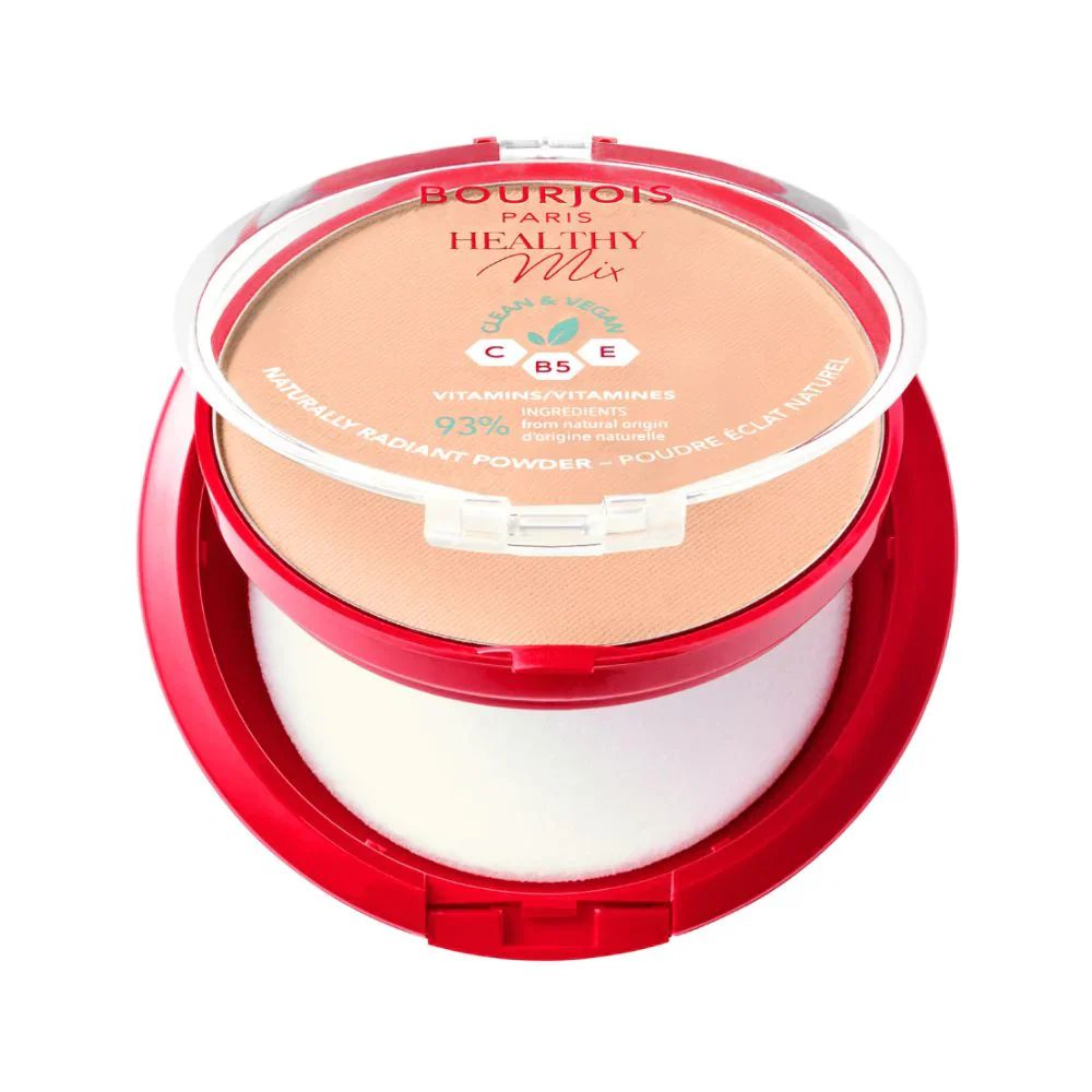 Contenitore rotondo di cipria, rosso, aperto. Cipria e spugnetta visibili. Scritta: Bourjois Paris Healthy Mix. Vegano, Vitamina C, B5, E.
