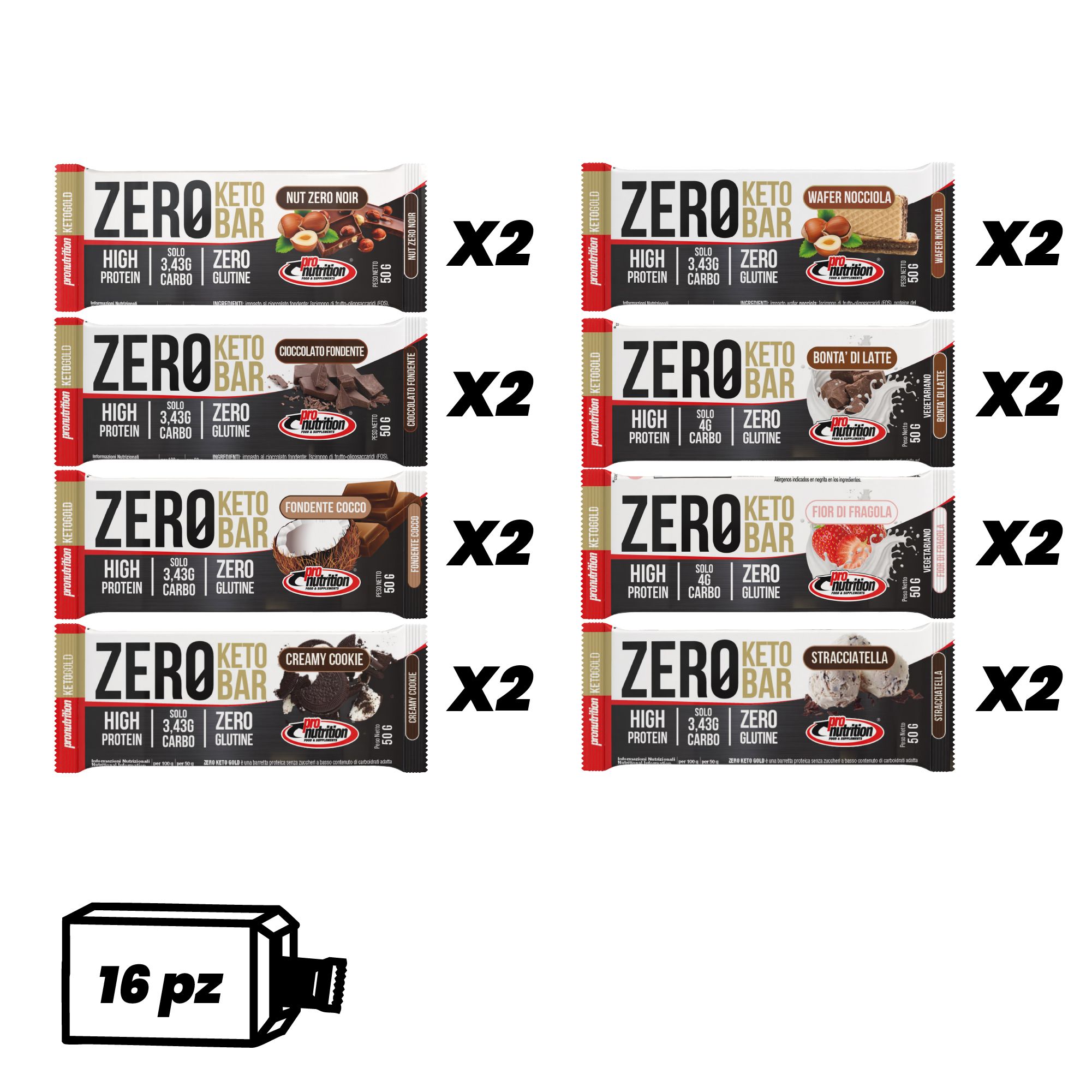16 barrette Keto gusti assortiti. Confezione con nome prodotto e informazioni nutrizionali.