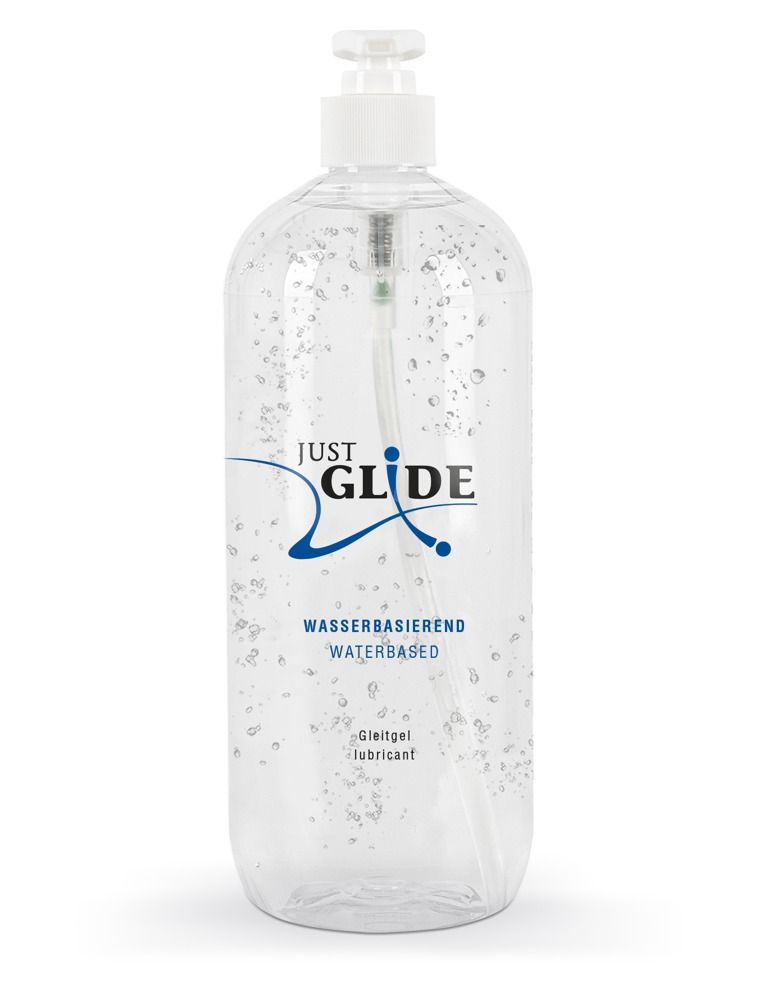 Lubrificante Just Glide a base d'acqua in flacone trasparente con dispenser a pompa.