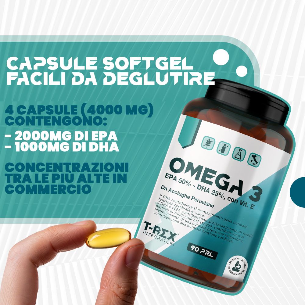 Una mano tiene una capsula molle di Omega 3 gialla davanti a un flaconcino di integratori Omega 3.