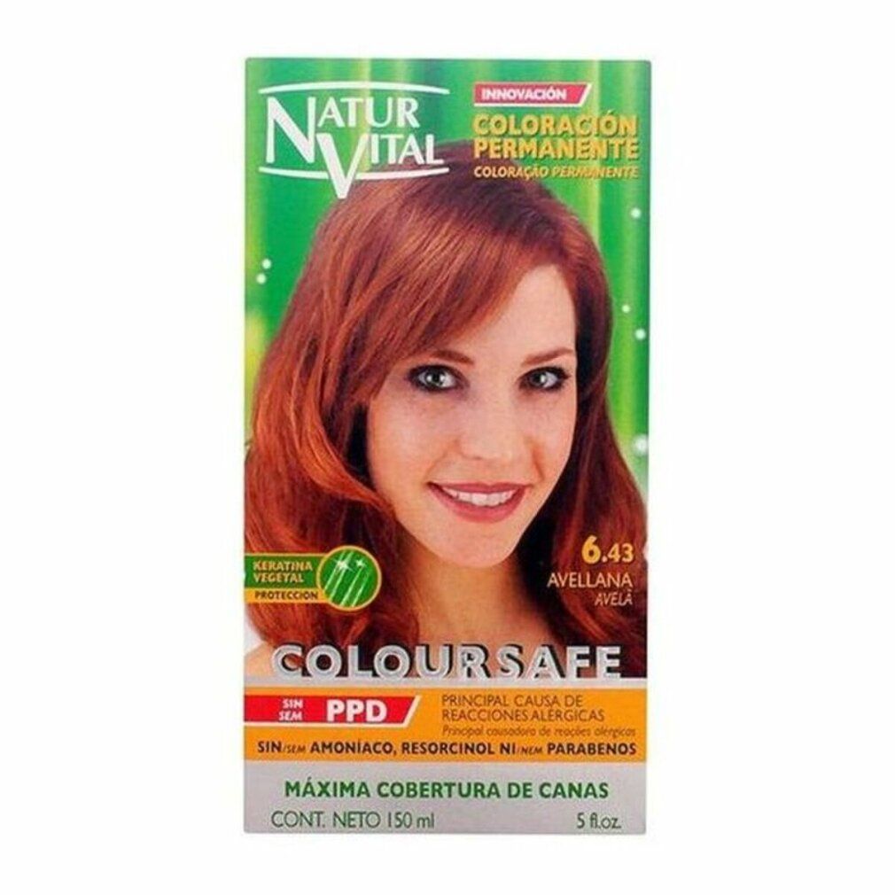Confezione di tinta per capelli Natur Vital Coloursafe 6.43 Avellana. Donna con capelli castani. Contiene 150 ml.