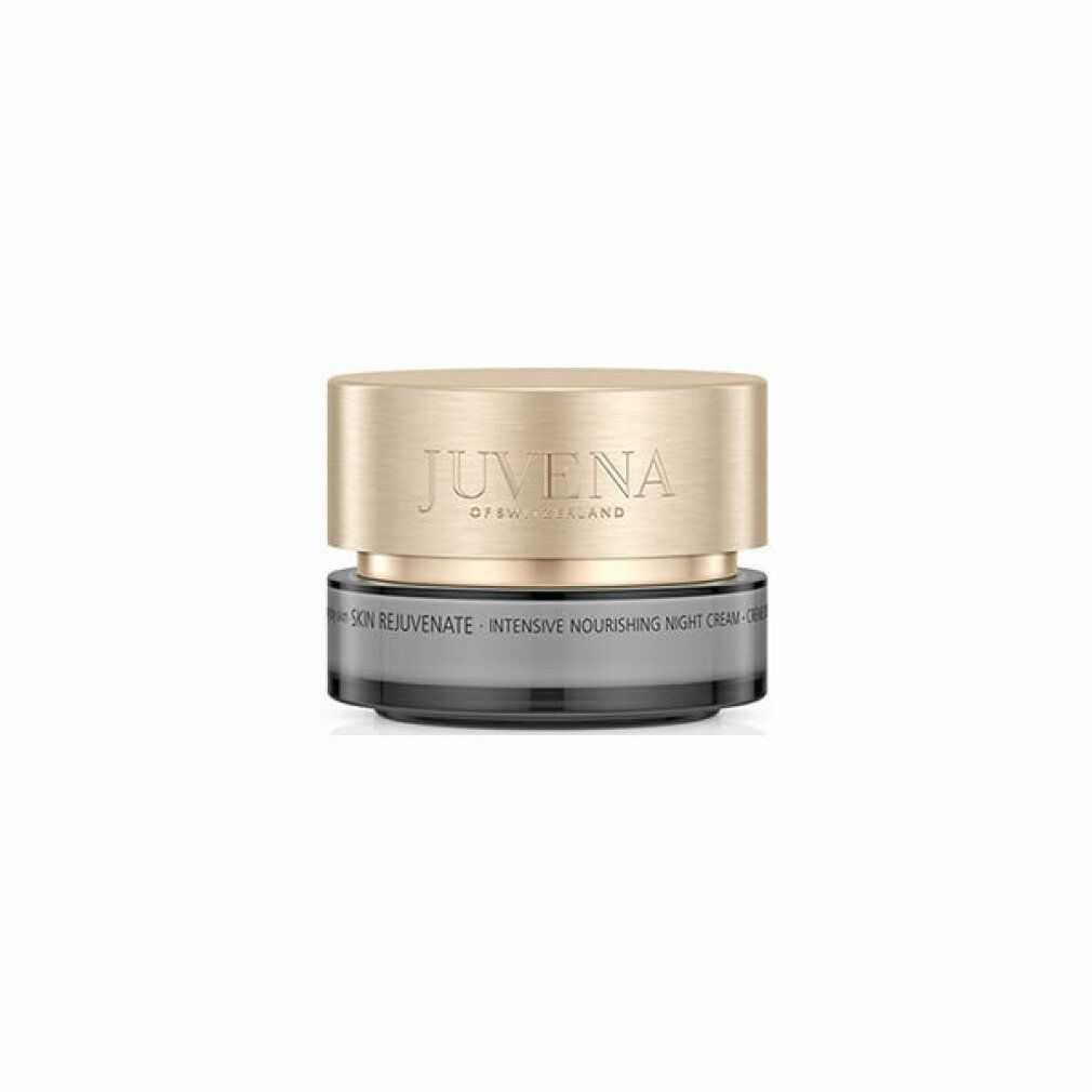 Vaso di crema con coperchio dorato. Scritta: JUVENA OF SWITZERLAND. Parte inferiore: SKIN REJUVENATE, INTENSIVE NOURISHING NIGHT CREAM.