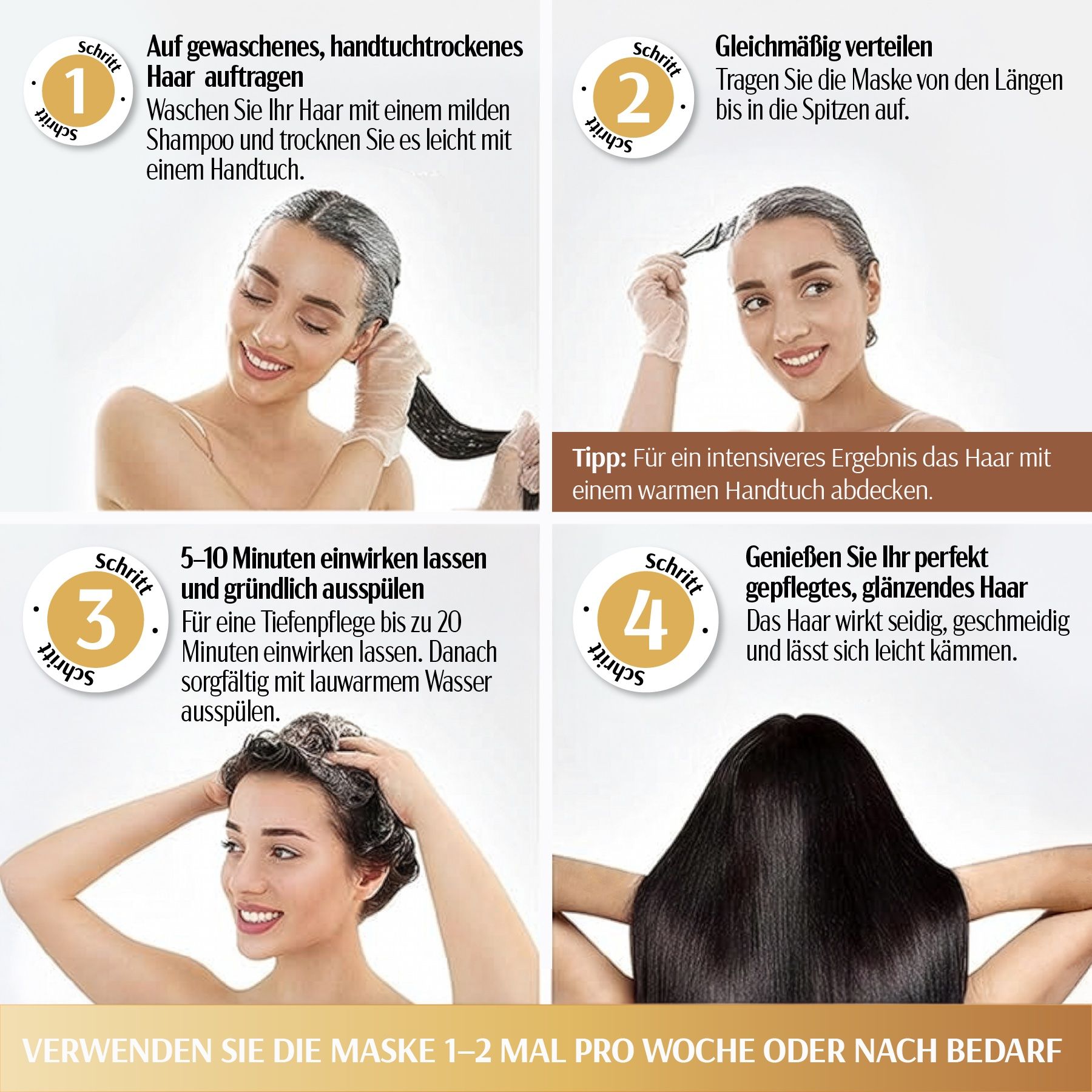 Istruzioni per l'uso della maschera per capelli. Passaggi 1-4. Testo: Applicare, distribuire, lasciare agire, risciacquare.
