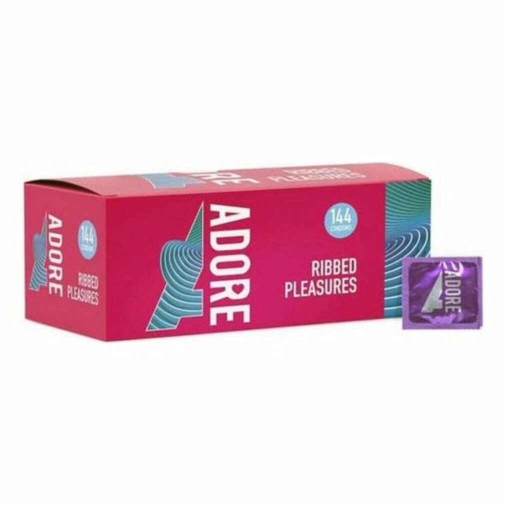 Scatola rosa "ADORE" con "144 preservativi" e un preservativo singolo. Testo "RIBED PLEASURES".